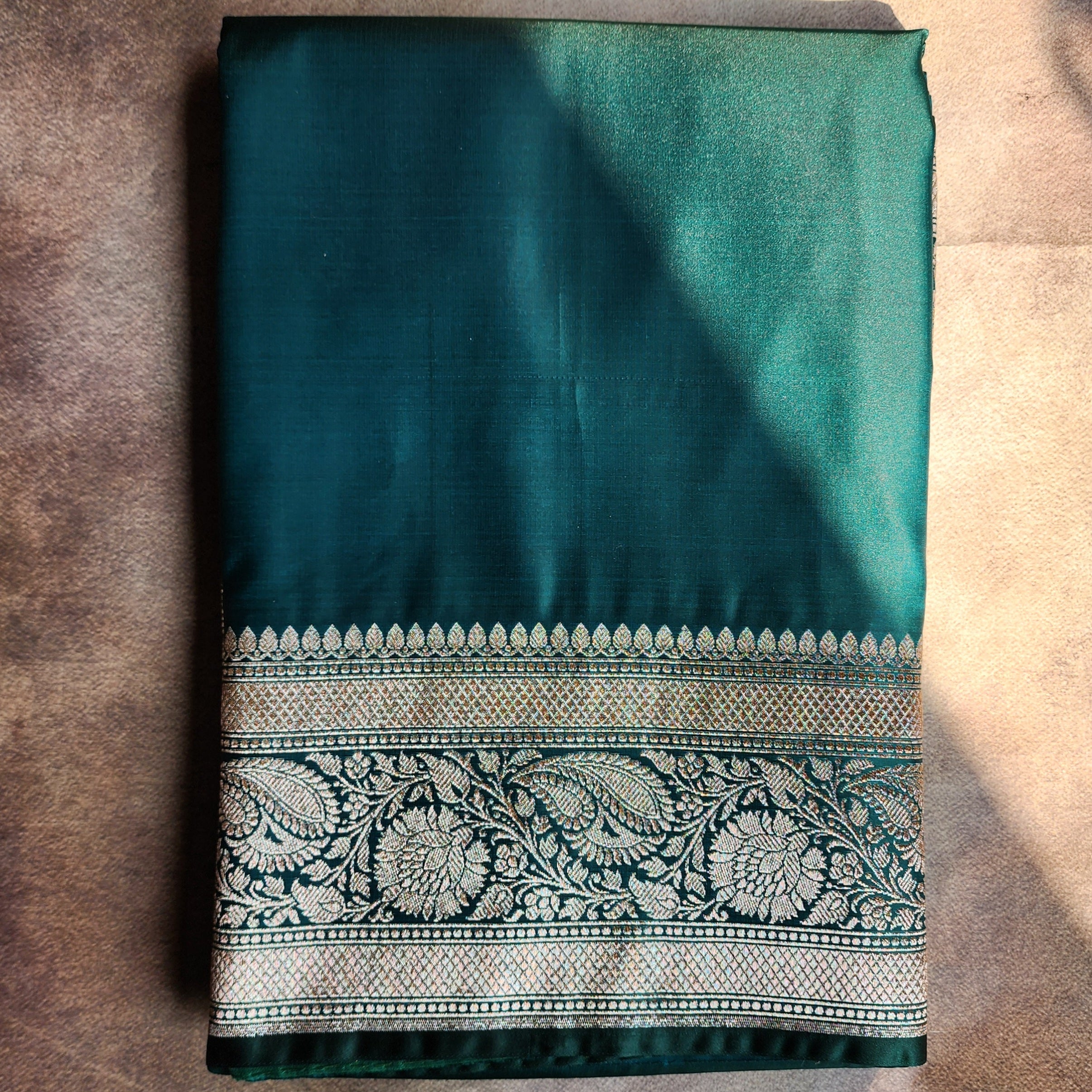 Dhoop Chhaon Teal Green Banarasi Katan Silk Saree