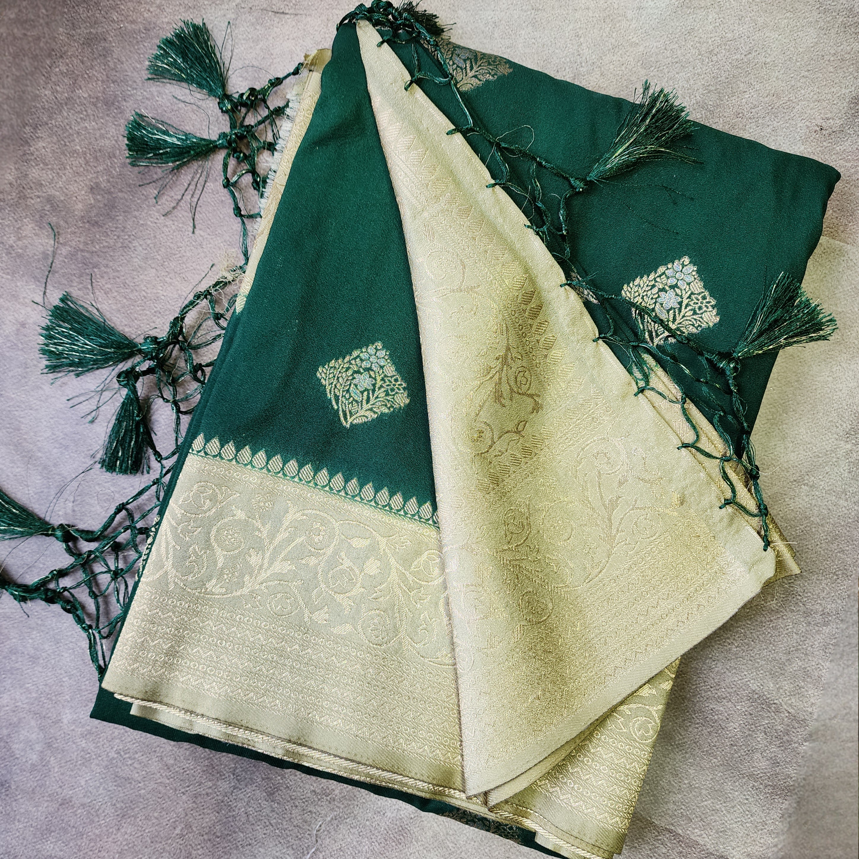 Bottle Green Crepe Georgette Silk Saree with Soft Champagne Gold Zari Border