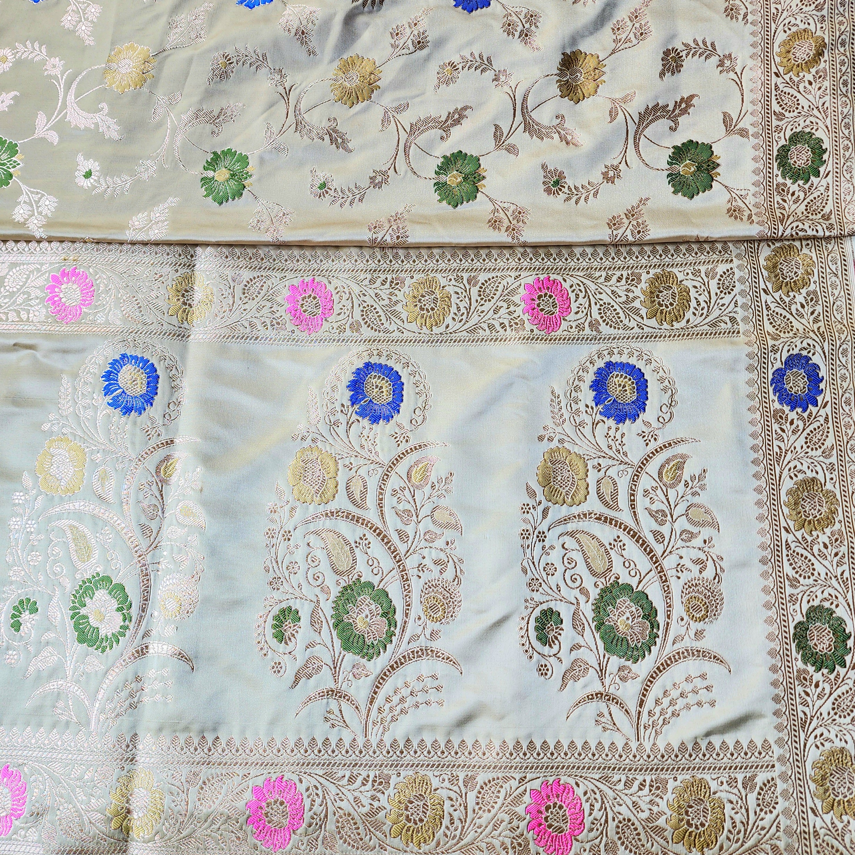 Enriched Banarasi Katan Silk Saree | Light Olive Green Multicolor Meenakari Floral Jaal