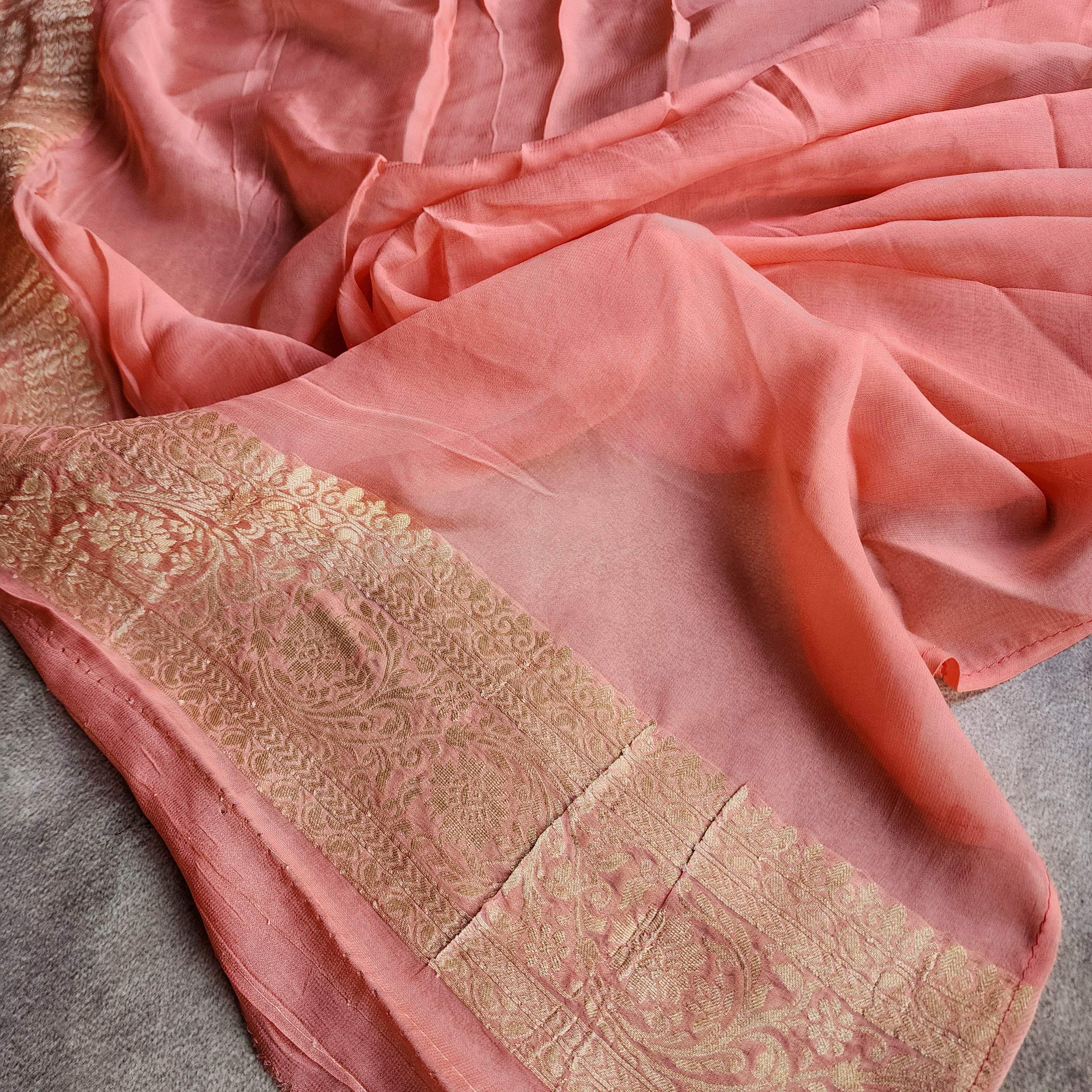 Khaddi Georgette Pure Banarasi Saree in Coral Shade