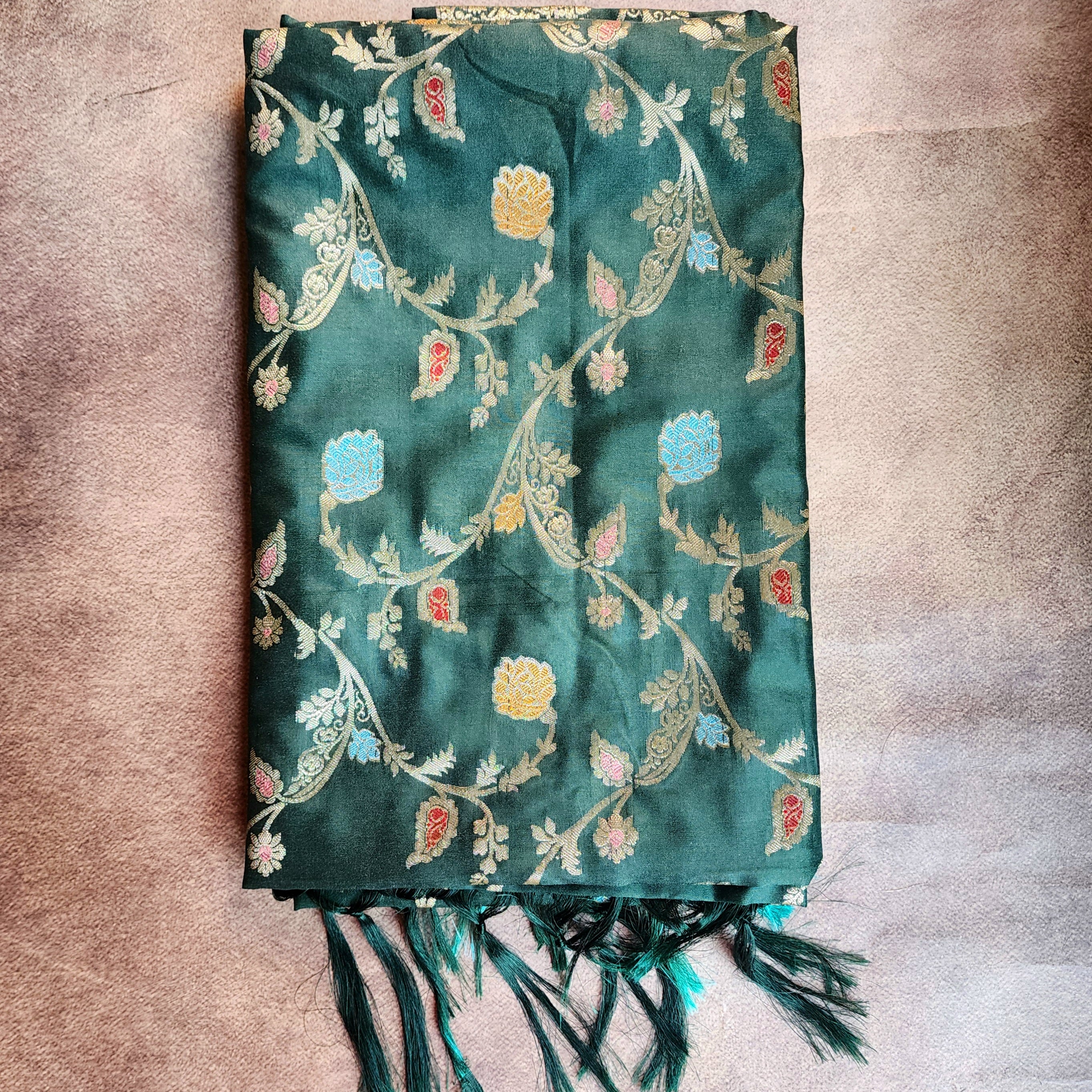 Bottle Green Banarasi Silk Dupatta with Gold Zari Border & Multicolor Meenakari Work