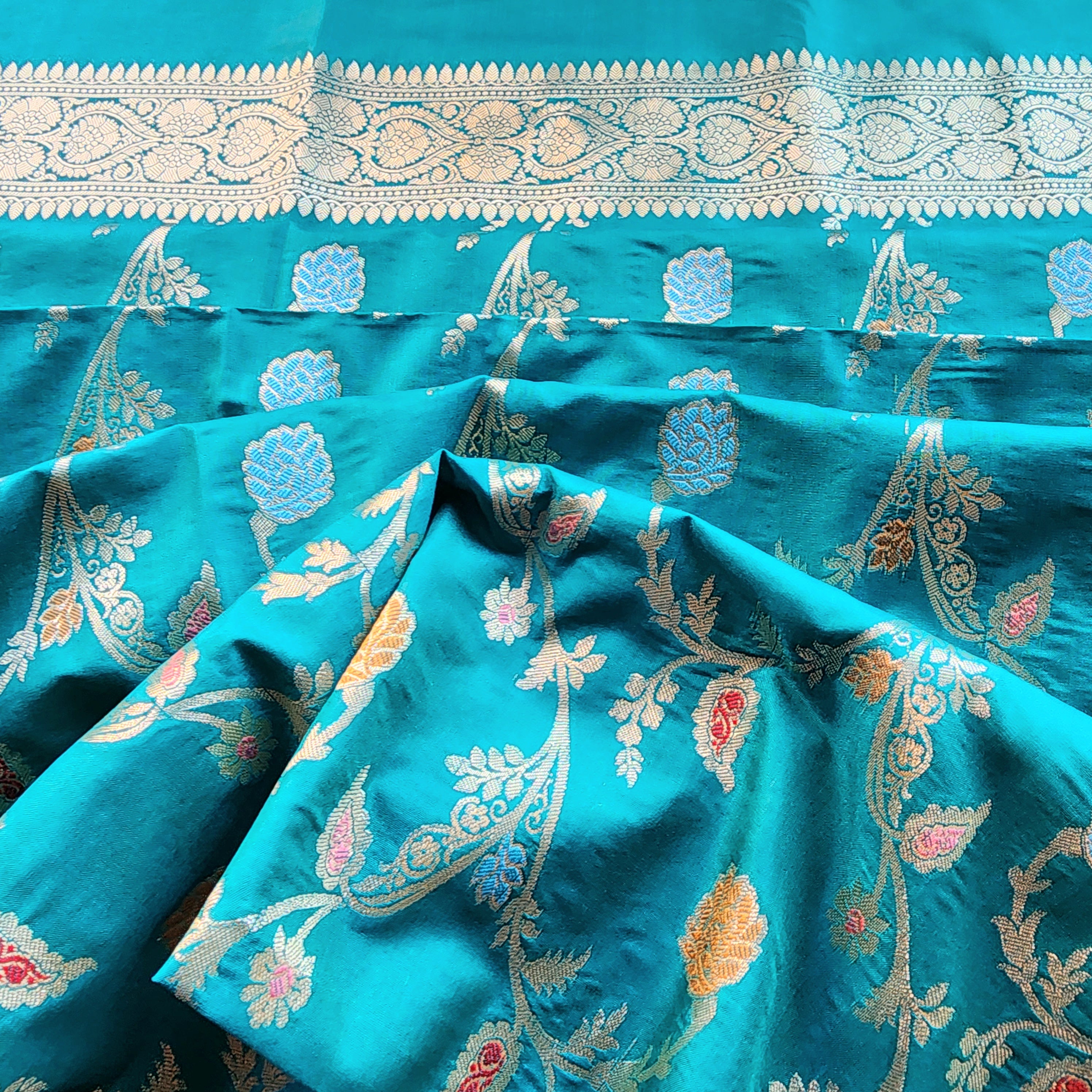 Teal Green Banarasi Silk Dupatta with Gold Zari Border & Multicolor Meenakari Work
