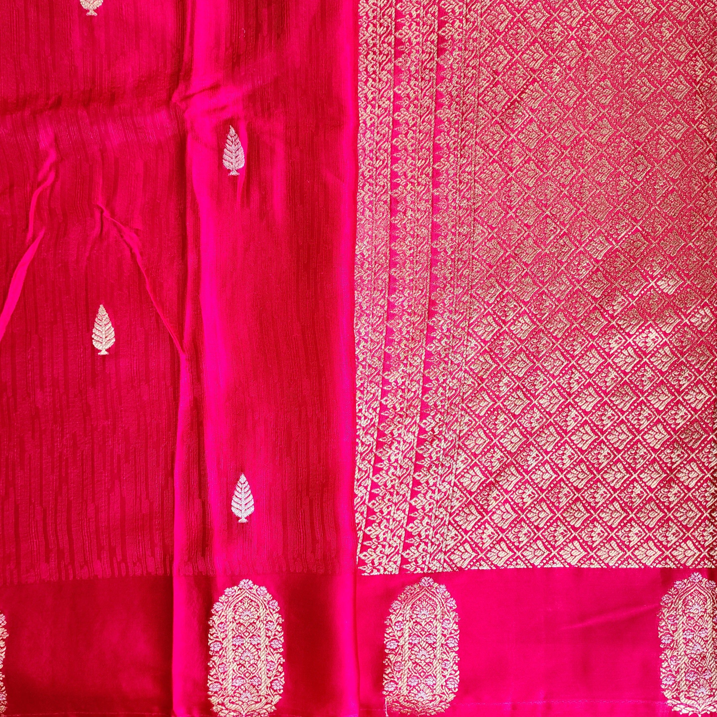 Bright Rani Pink Mashru Tanchoi Saree with Gold Zari