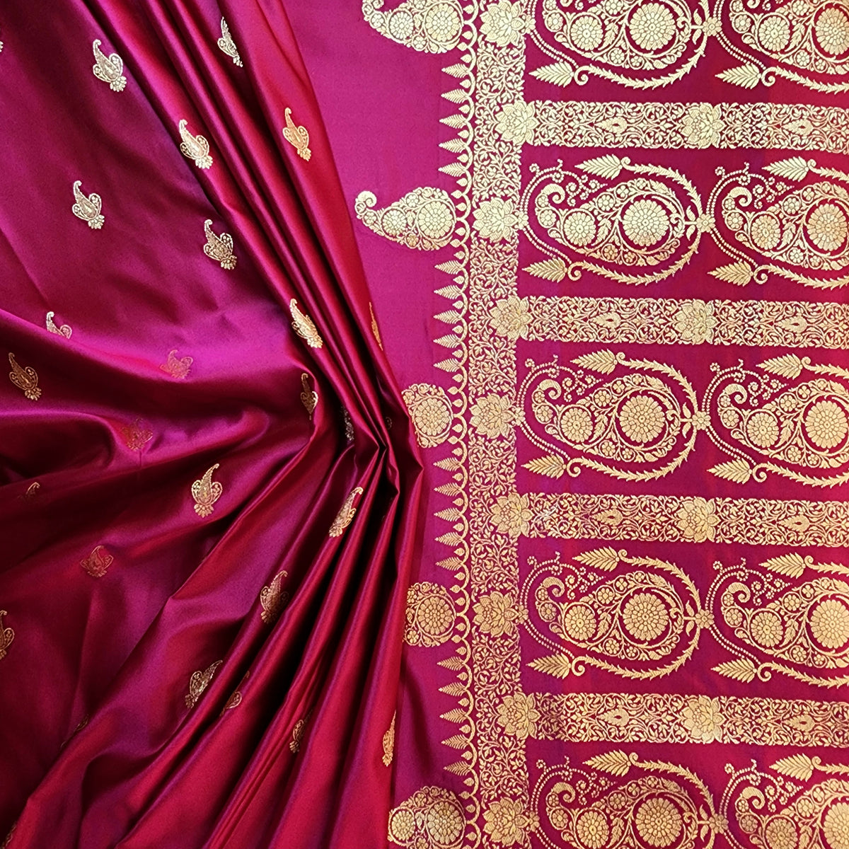 Rani Pink Paisley Katan Silk Saree with Gold Zari