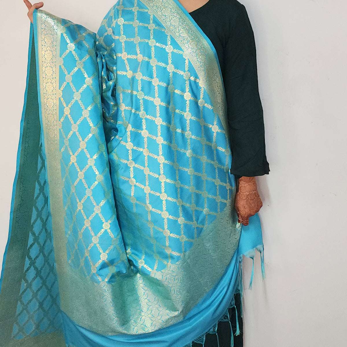 Banarasi Tapetta Silk - Turquoise Zari Jaal Dupatta