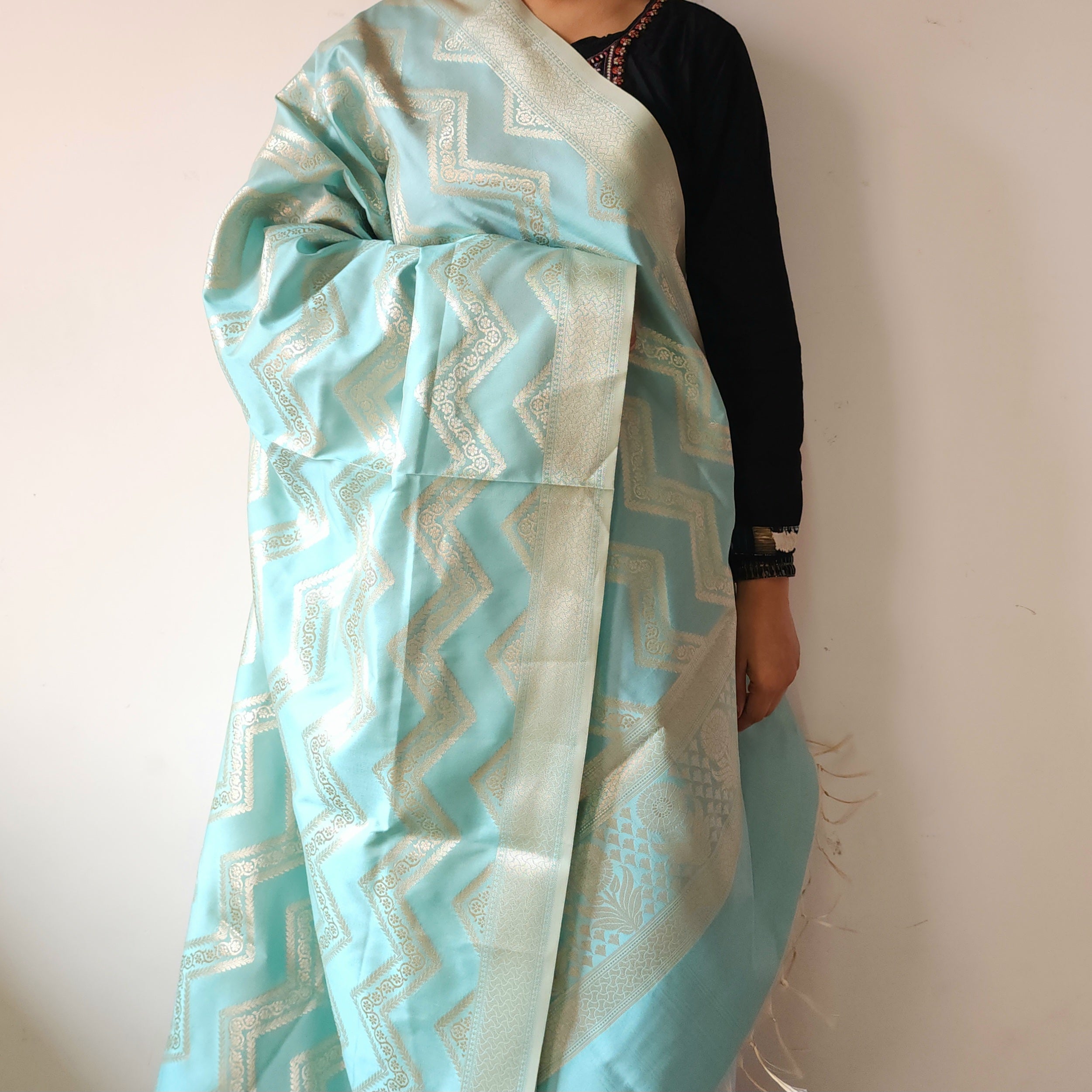 Robin Egg Blue Banarasi Dupatta with Golden Zigzag Pattern