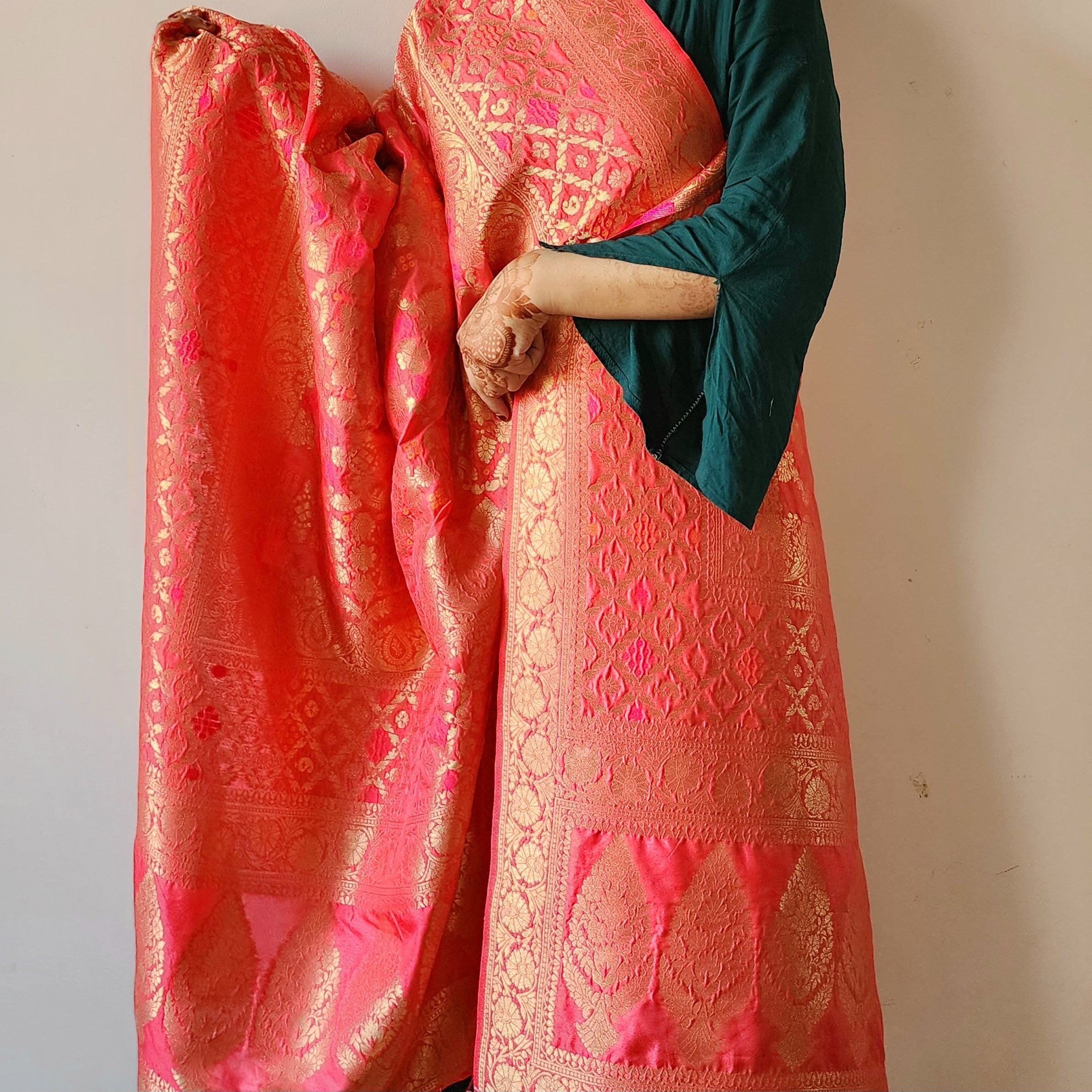 Rose Pink Bandhani Dupatta with Floral and Geometric Zari Weave
