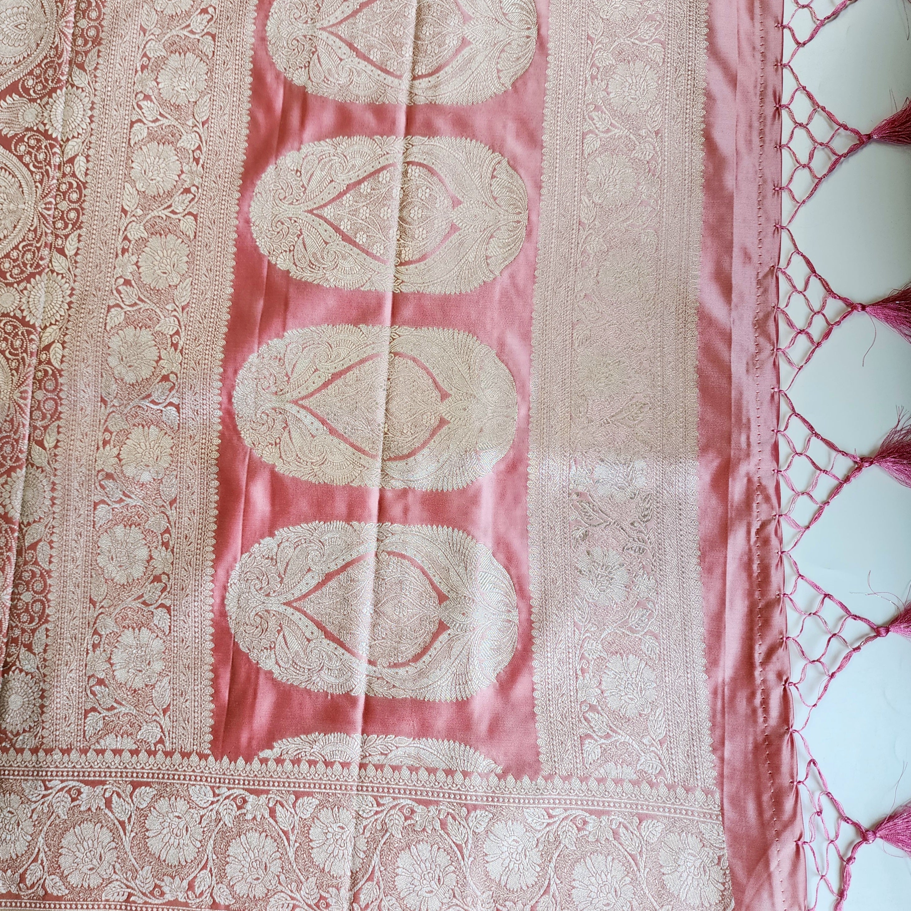 Pastel Baby Pink Banarasi Katan Silk Saree with Light Gold Zari weaving