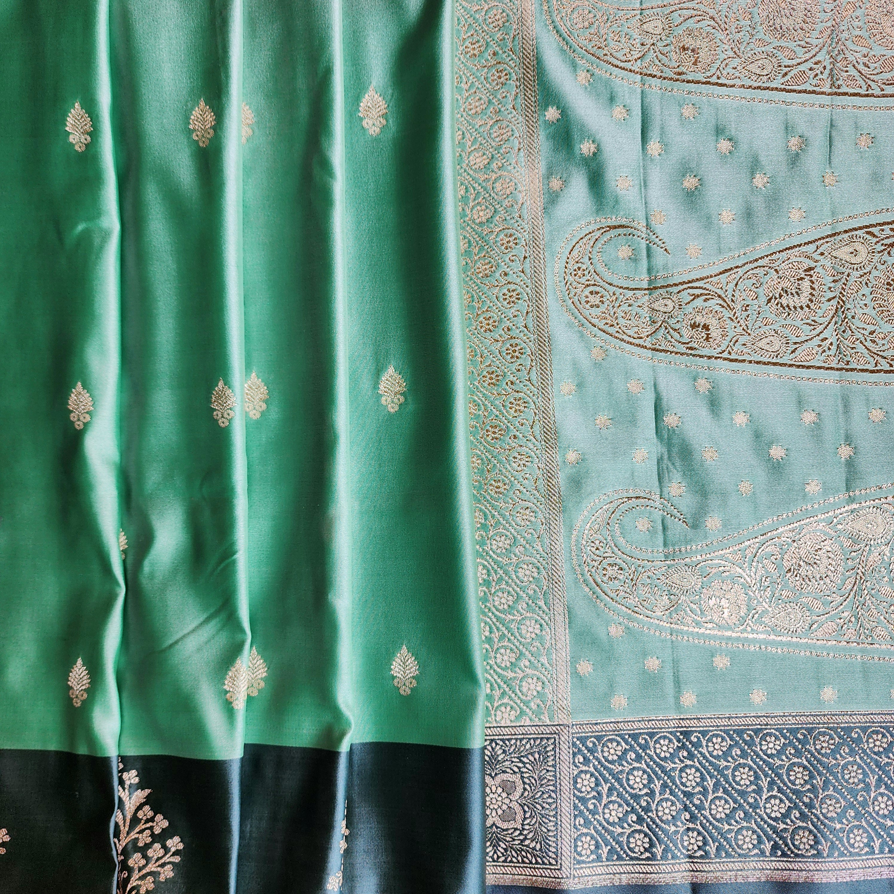 Sea Green Katan Silk Saree with Peacock Green Gold Zari Border