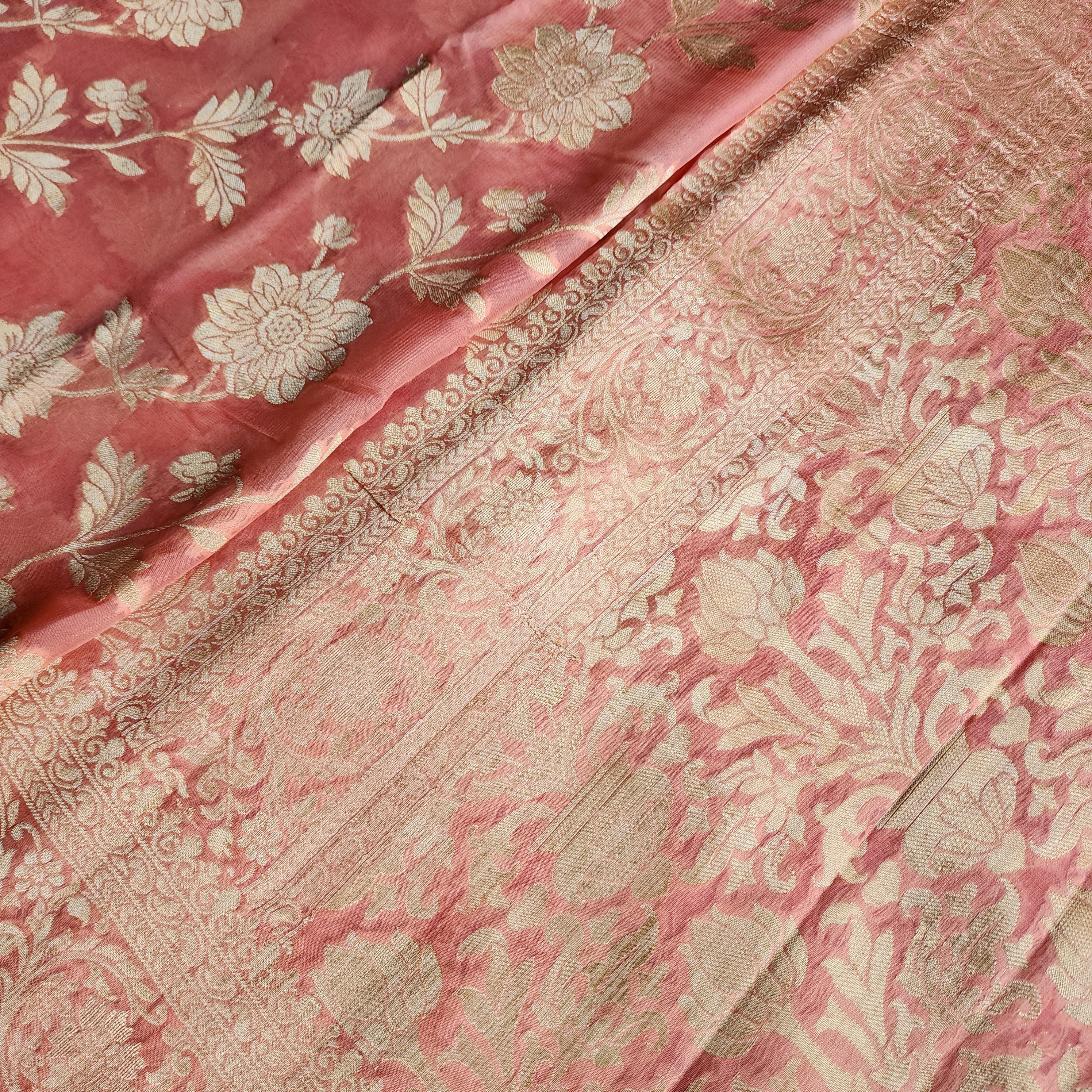 Khaddi Georgette Pure Banarasi Saree in Coral Shade
