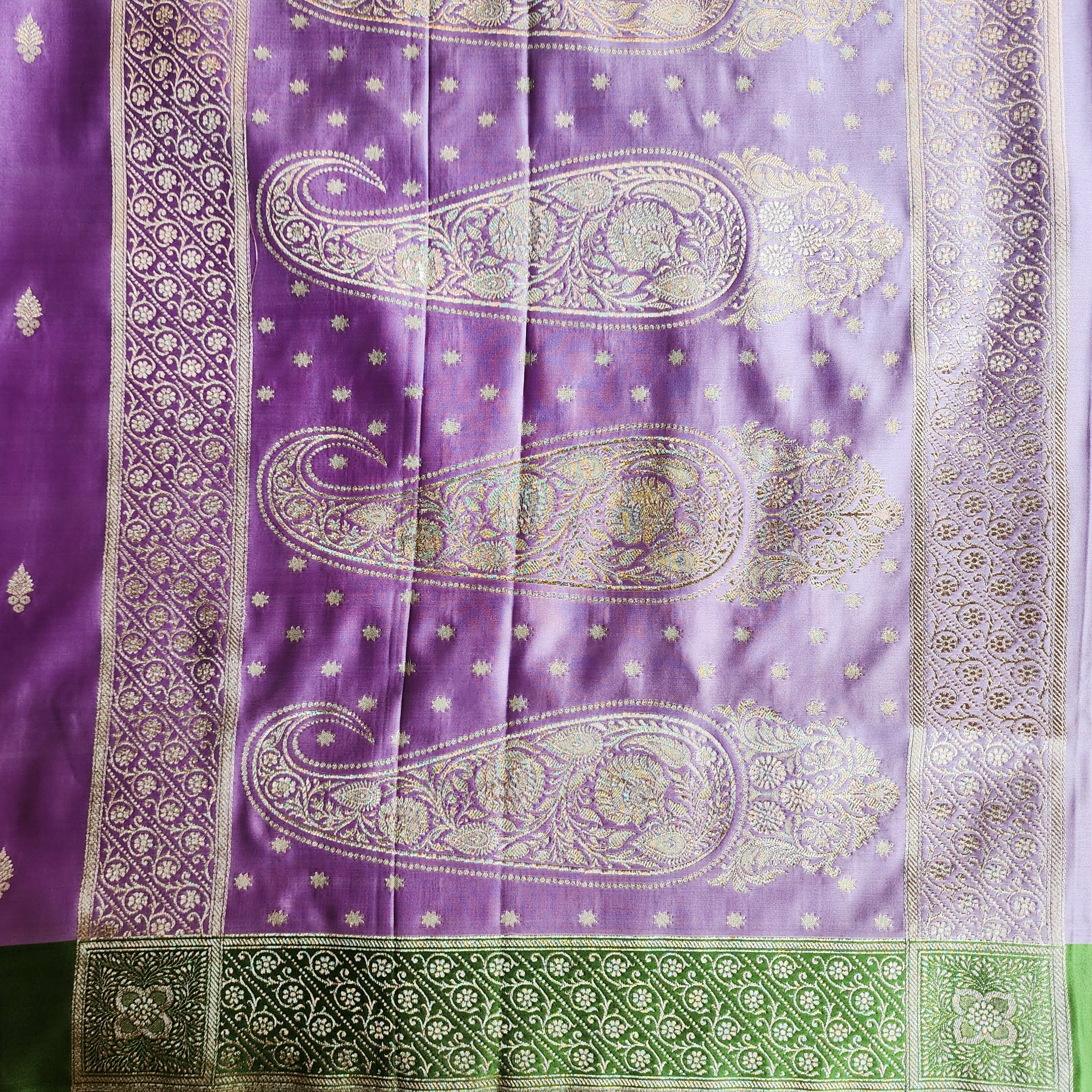 Lavender Katan Silk Saree with Parrot Green Gold Zari Border