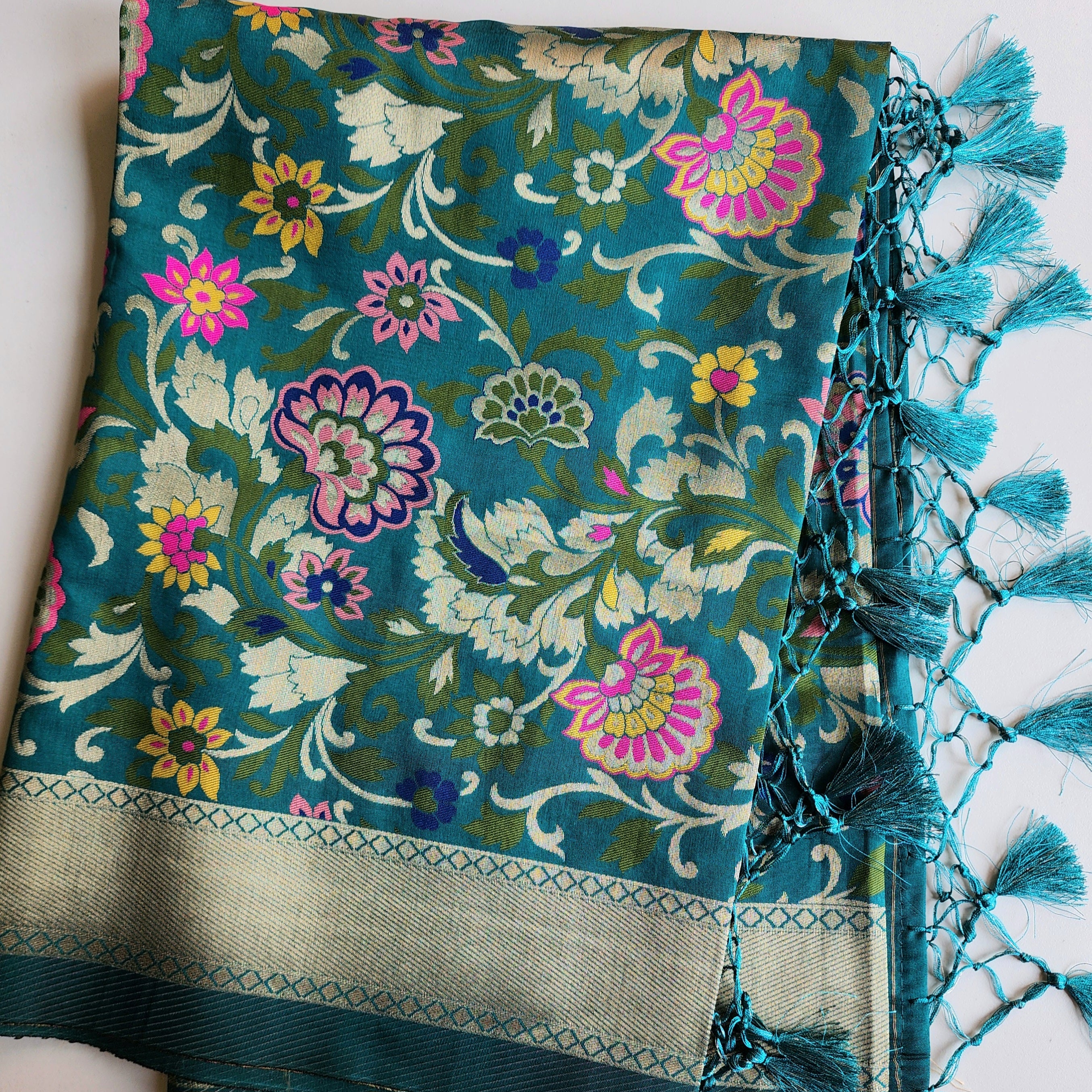 Banarasi Silk Rama Green Dupatta with Multicolor & Gold Floral Handweaving