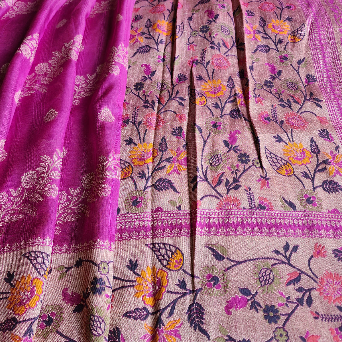 Soft Lavender Orchid Raw Silk Saree with Pastel Floral Weaving and Ivory Border