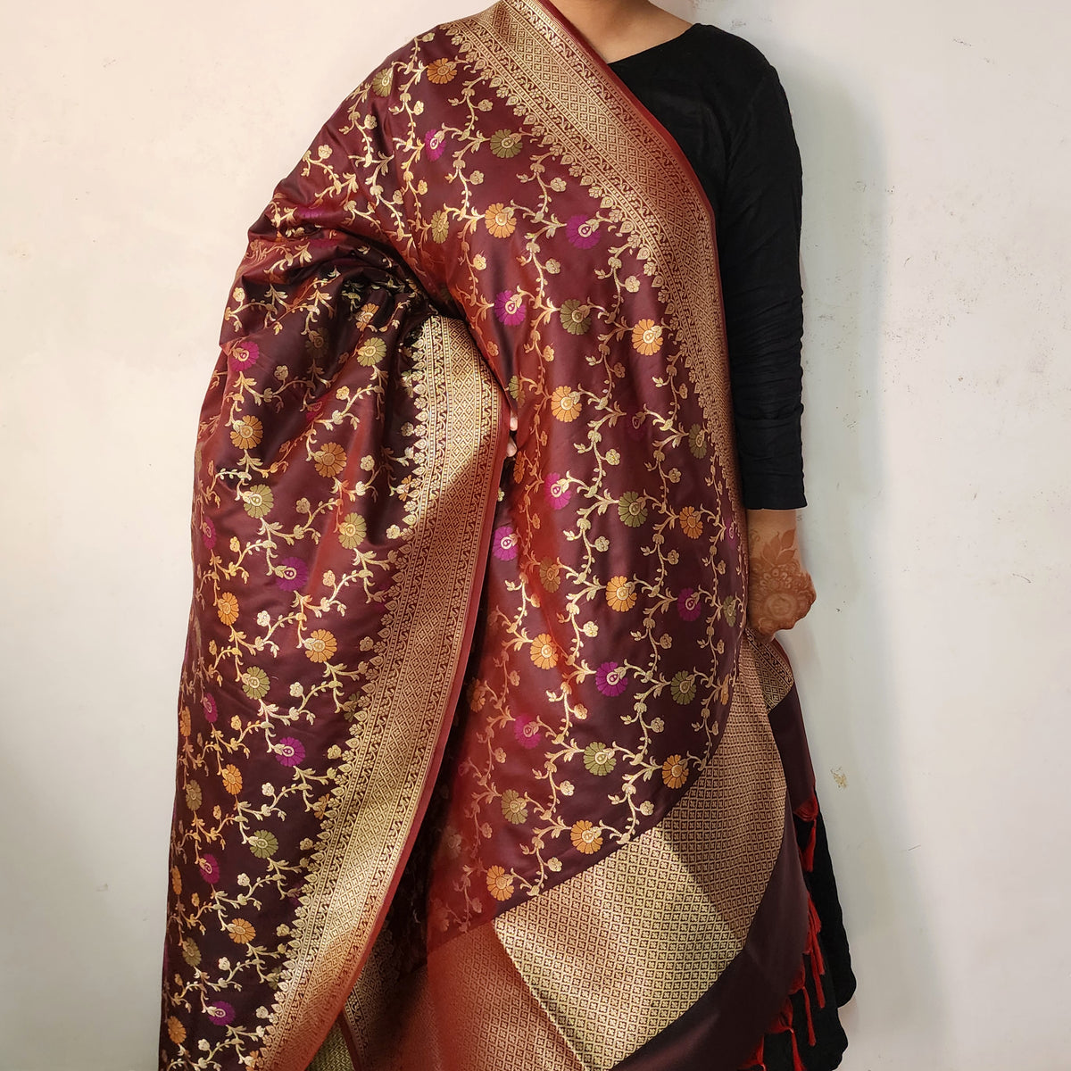 Banarasi Silk Floral Jaal Dupatta - Deep Burgundy