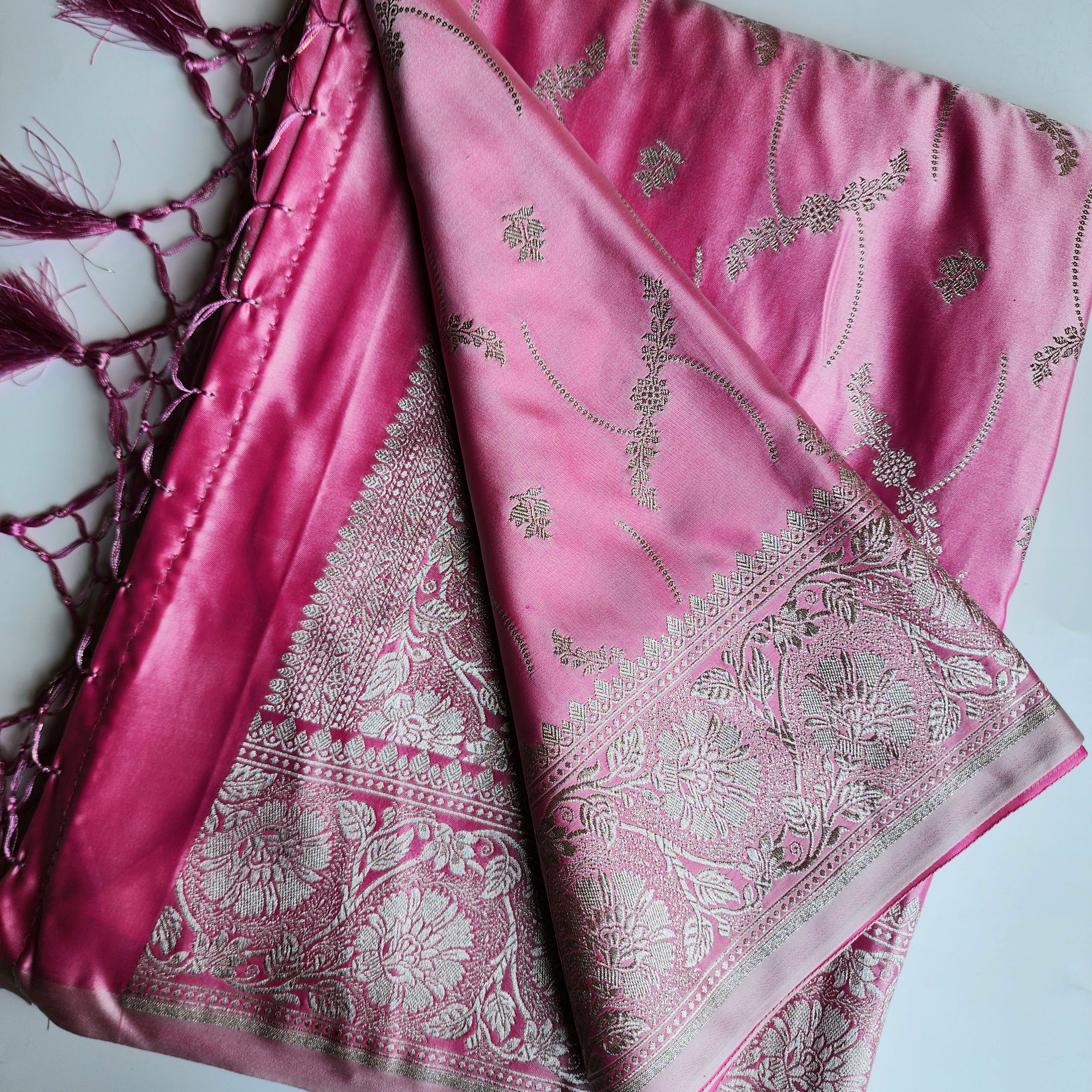 Pastel Candy Pink Banarasi Katan Silk Saree with Light Gold Zari weaving