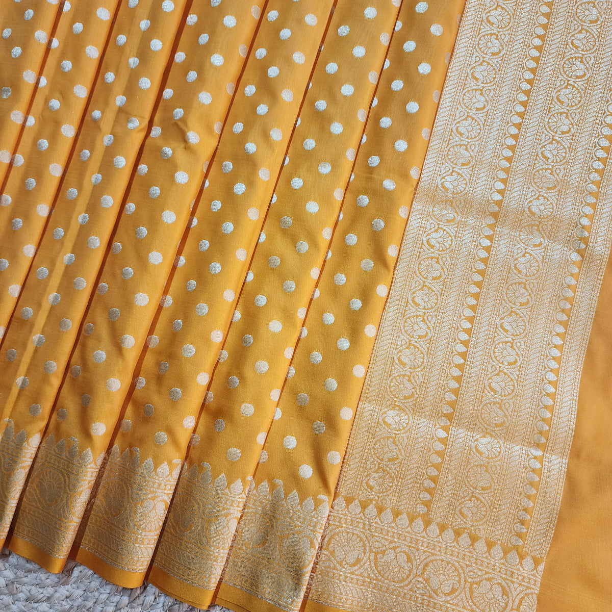 Mustard Yellow Banarasi Silk Dupatta with Gold Polka Dot