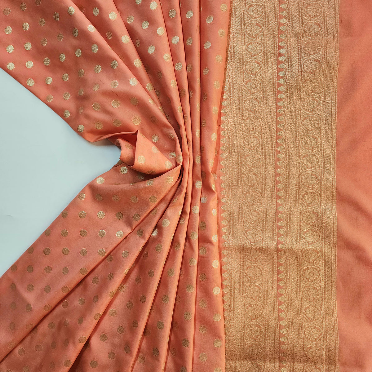 Coral Peach Banarasi Silk Dupatta with Gold Polka Dot