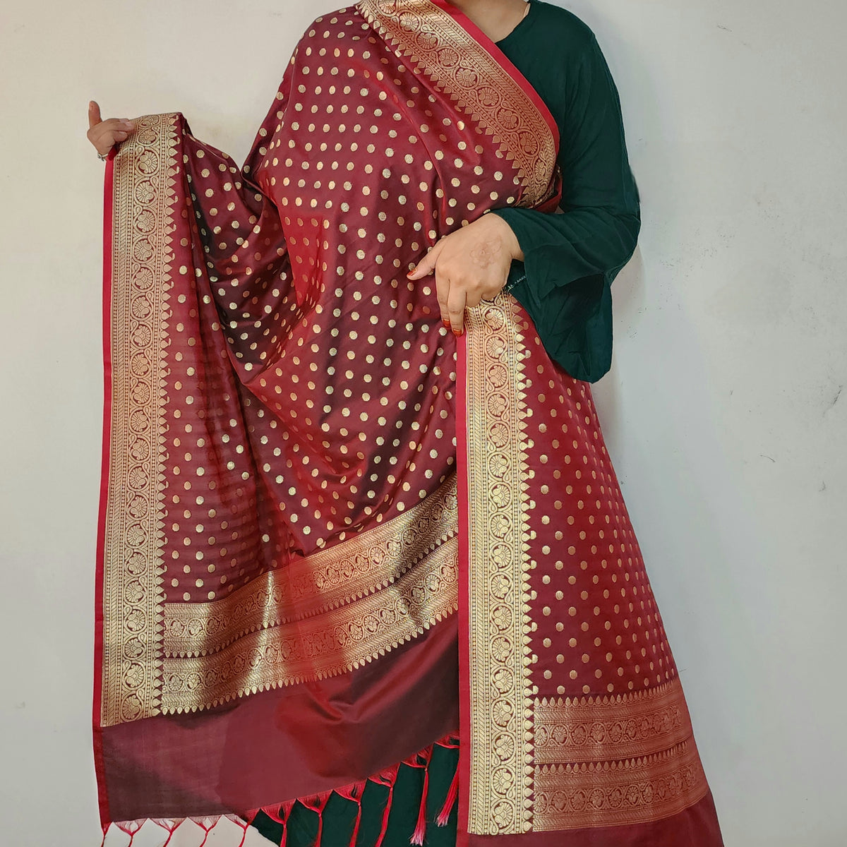 Burgundy Banarasi Silk Dupatta with Gold Polka Dot