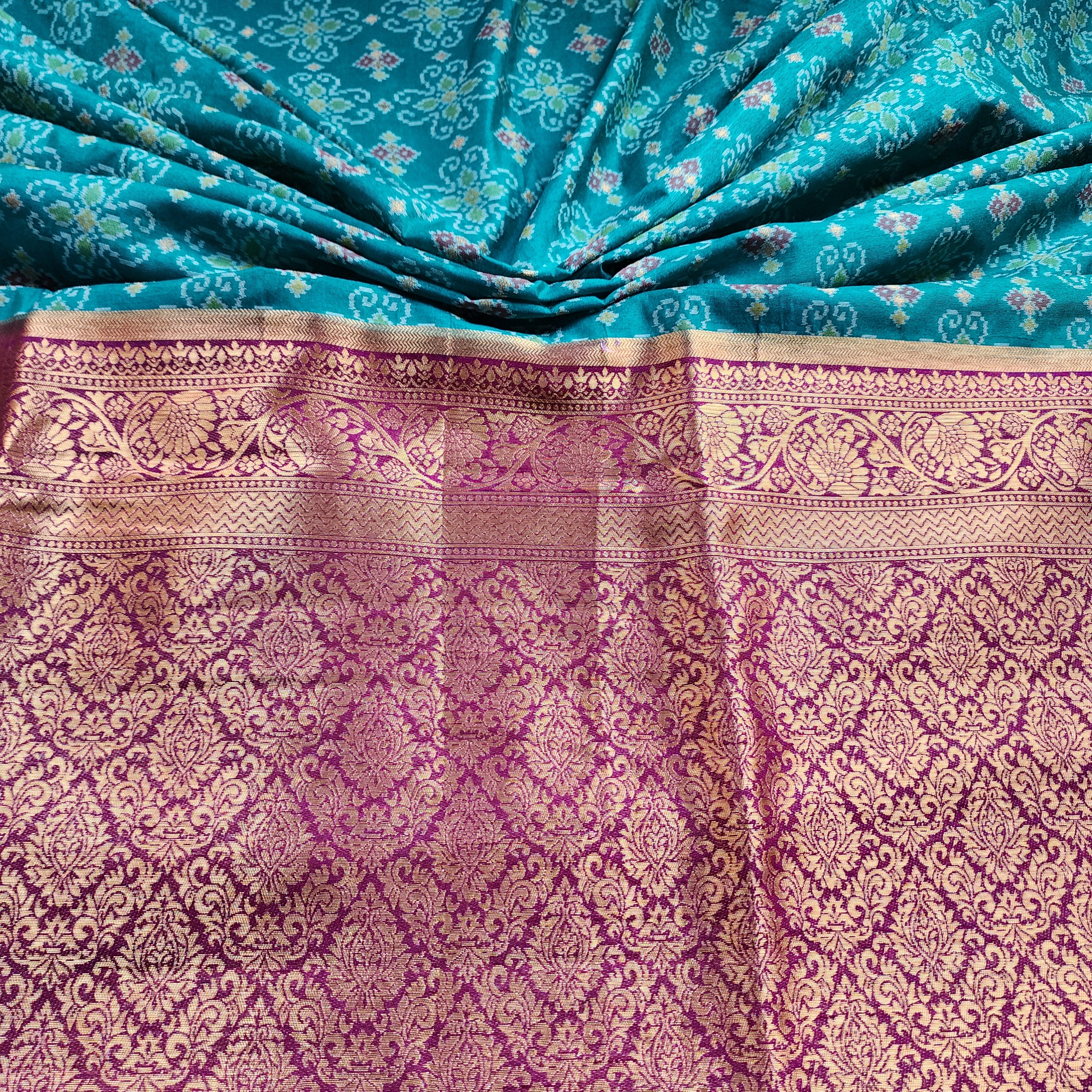 Turquoise Dupion Patola with Maroon-Gold Border & Heavy Gold Zari