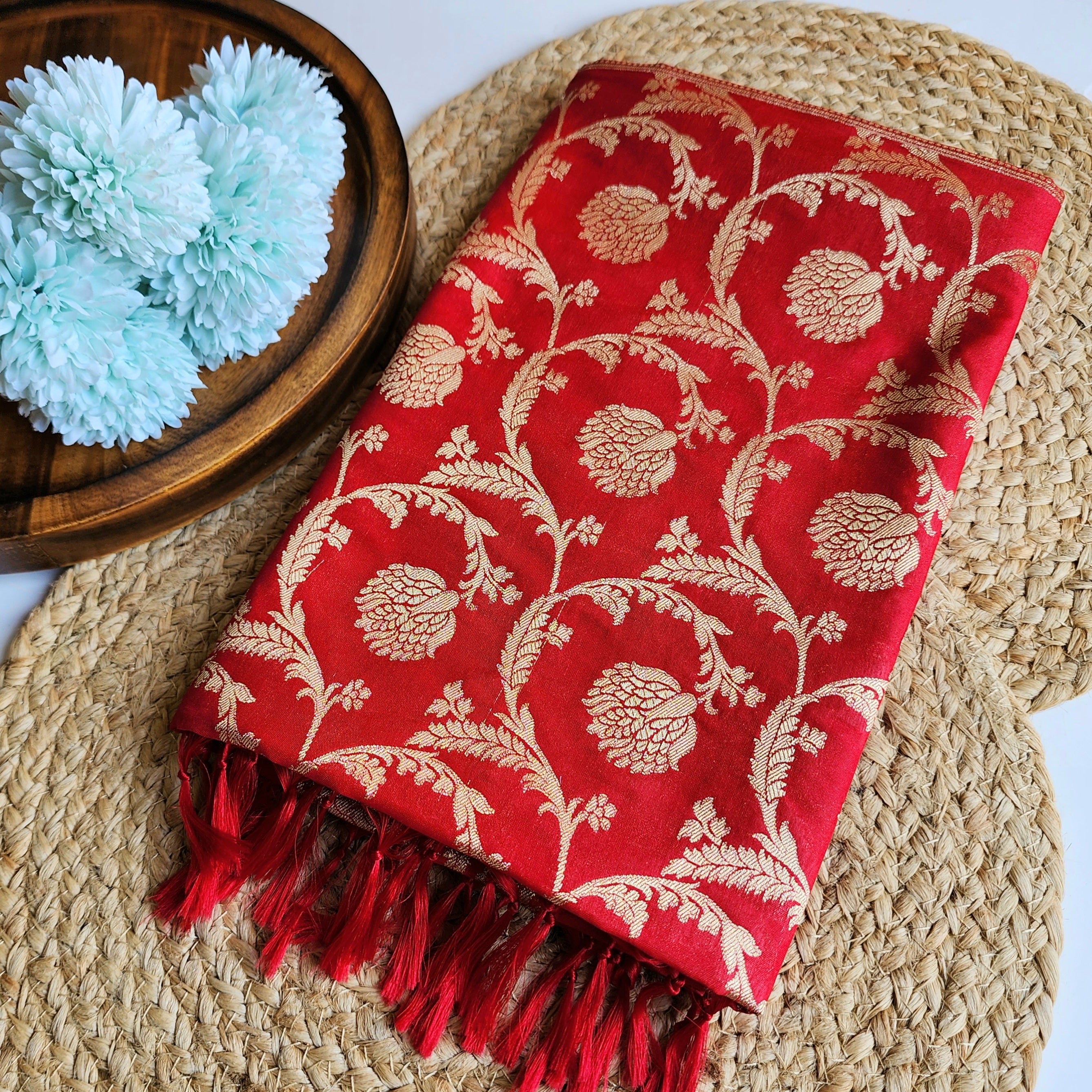 Red Banarasi Dupatta - Zari Blossom Motifs