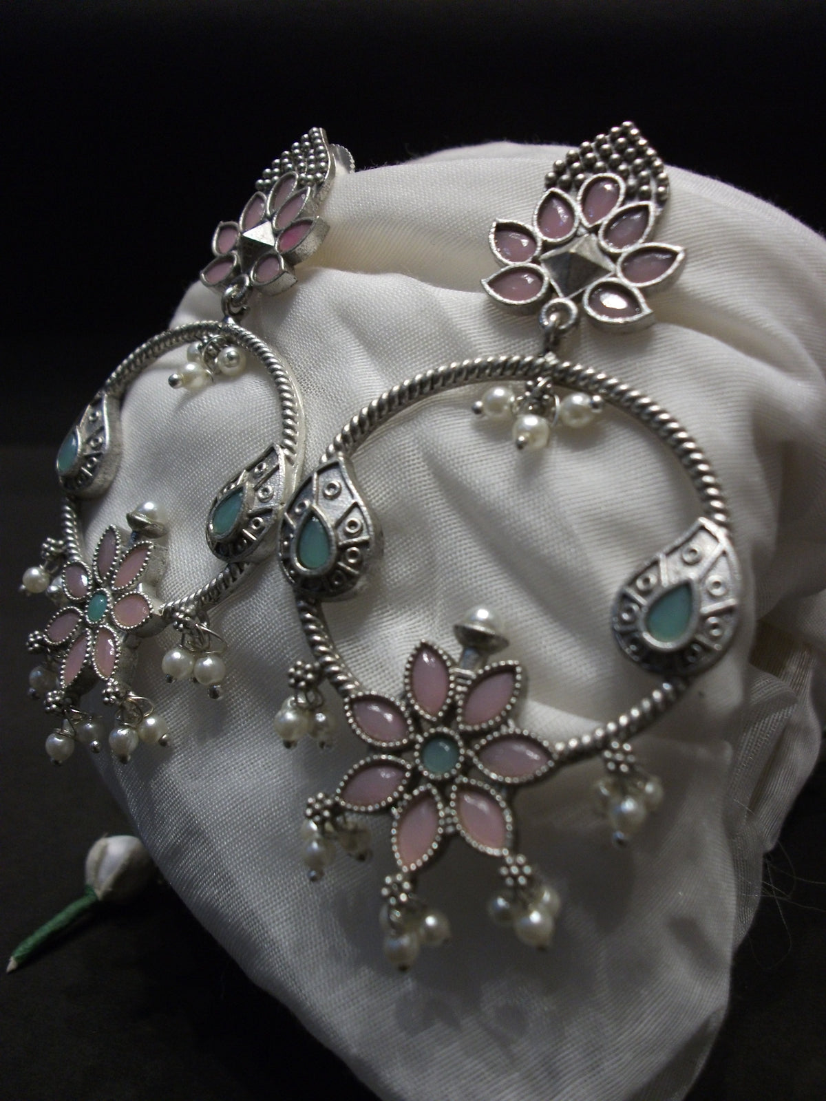 Antique Pastel Pink and Mint Flower Motif Chandbali Hoops