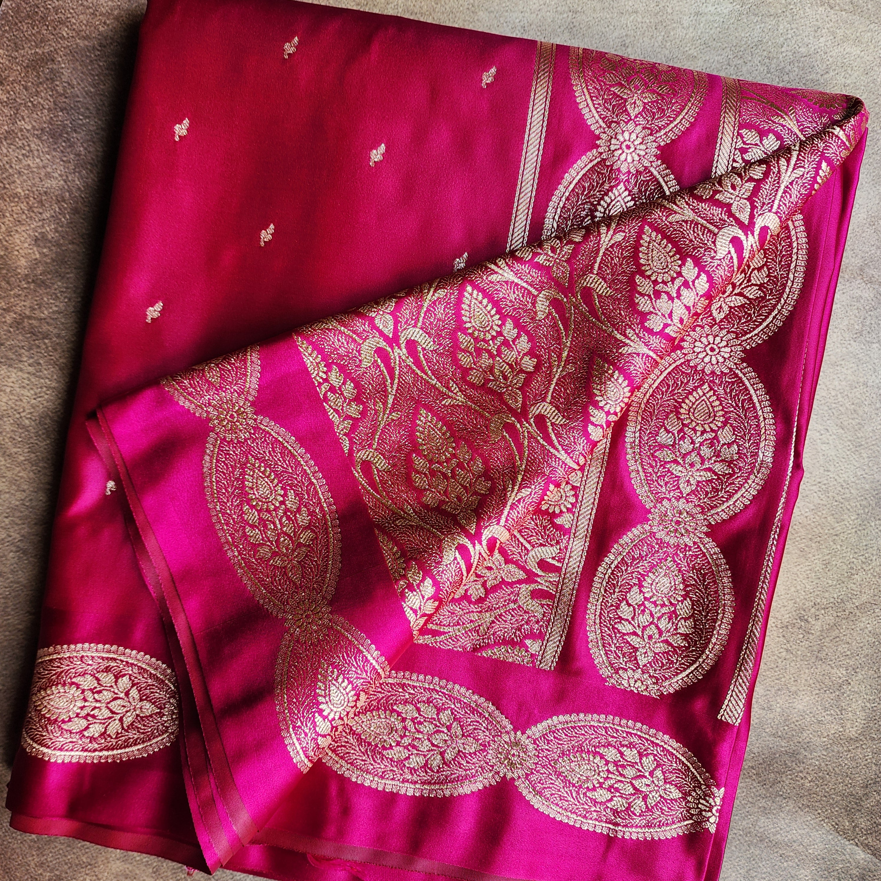 Bright Pink Pure Banarasi Katan Silk Saree with Gold Zari Weaving