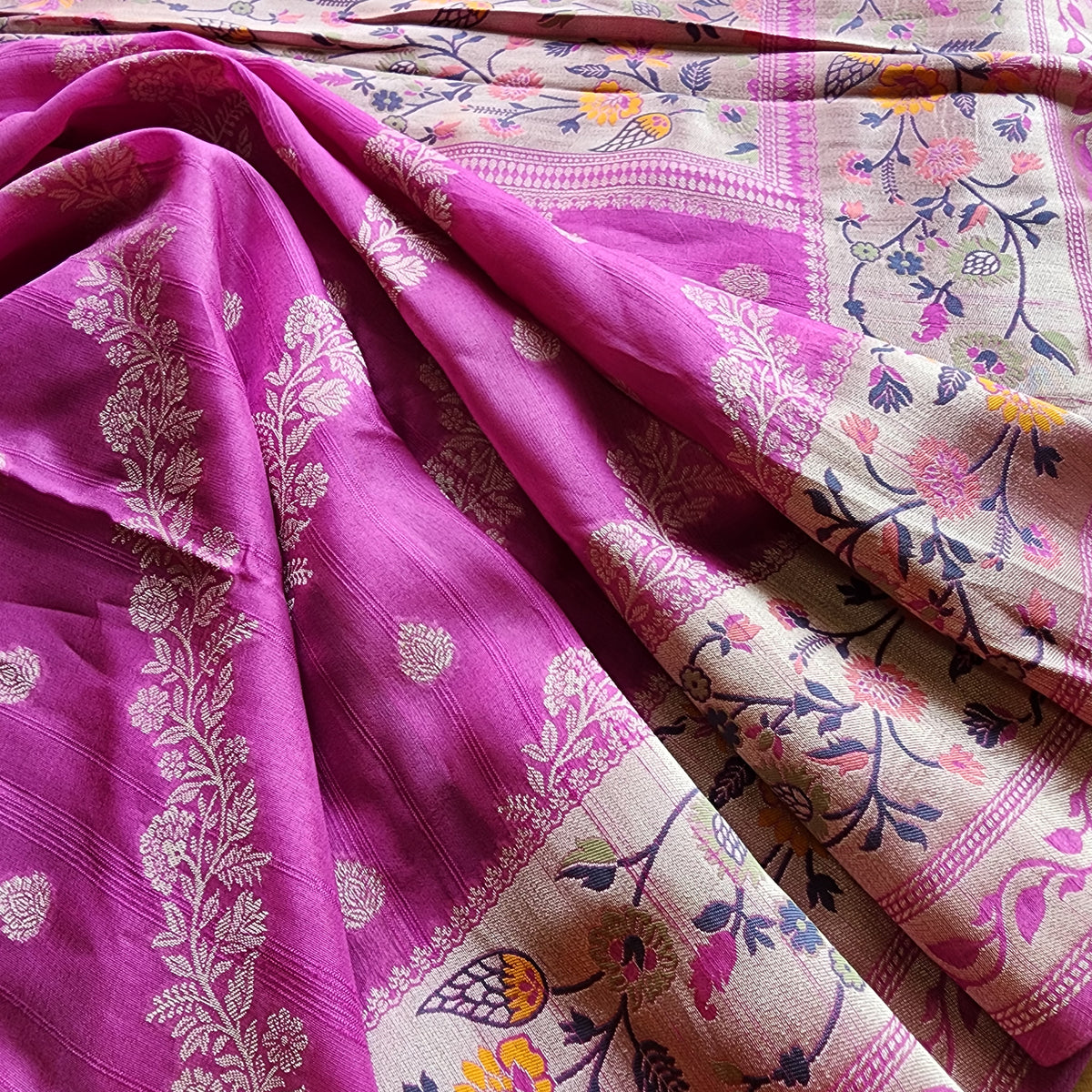 Soft Lavender Orchid Raw Silk Saree with Pastel Floral Weaving and Ivory Border
