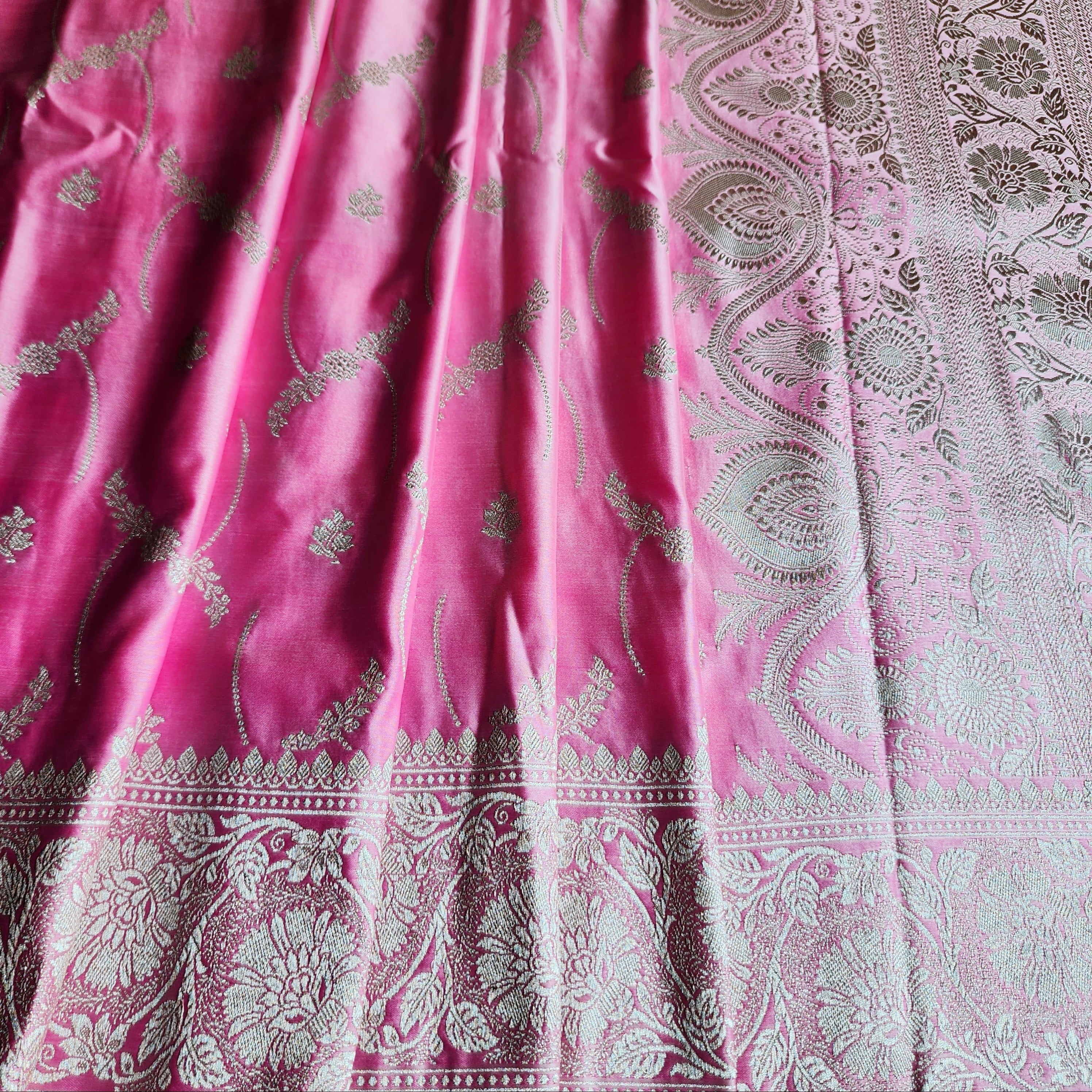 Pastel Candy Pink Banarasi Katan Silk Saree with Light Gold Zari weaving