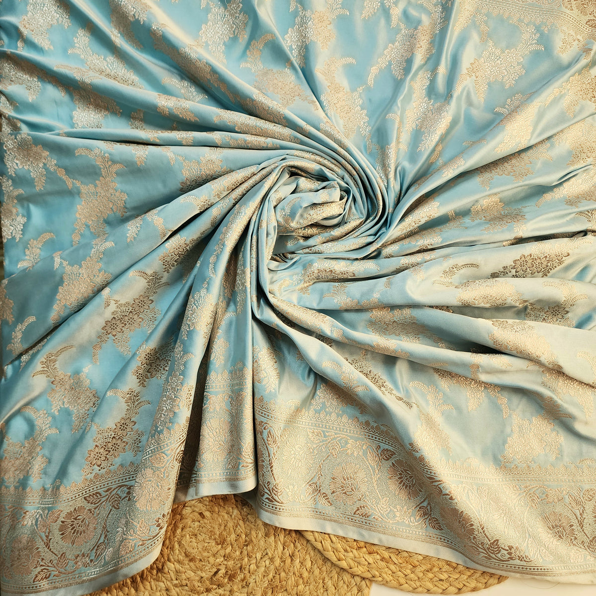 Powder Blue Banarasi Katan Silk Saree with Floral Vine Jaal