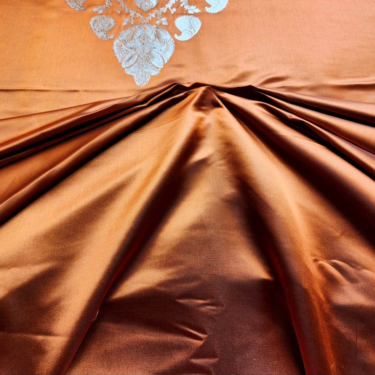 Rich Burnt Copper Pure Banarasi Katan Silk Saree with light Gold Zari Weaving