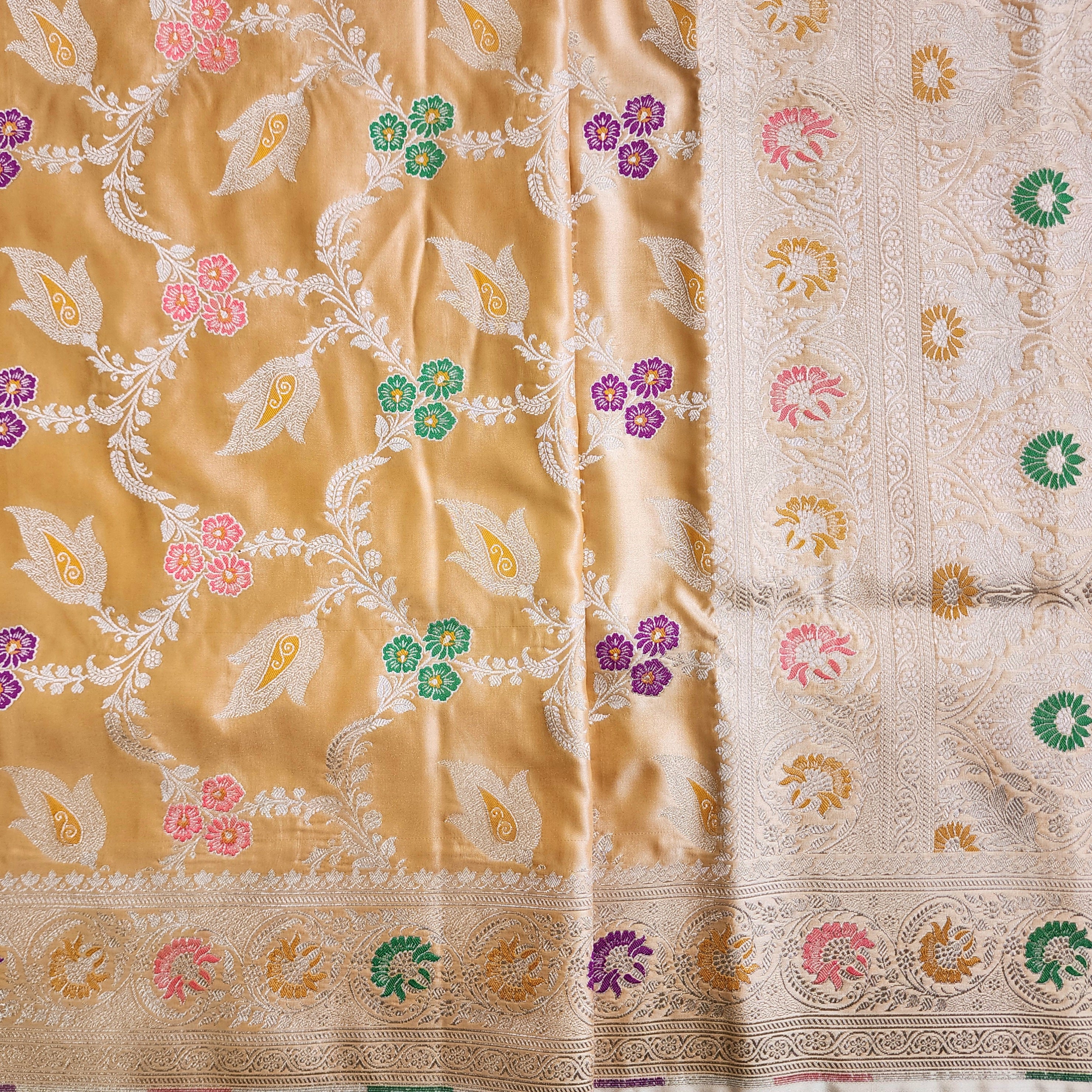 Enriched Dark Orange Banarasi Katan Silk Saree with Multicolor Meenakari Floral Jaal