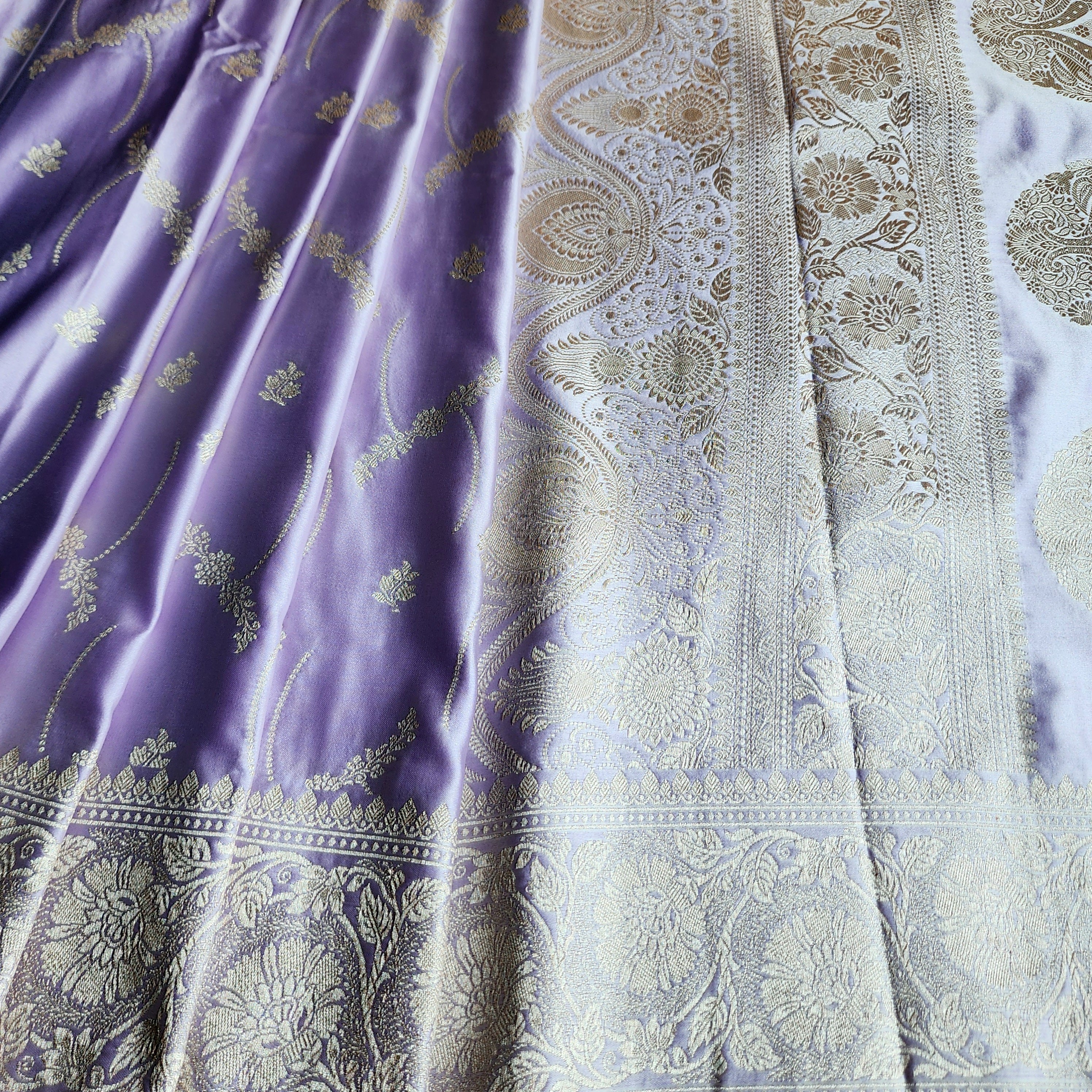 Pastel Lavender Grey Banarasi Katan Silk Saree with Light Gold Zari weaving