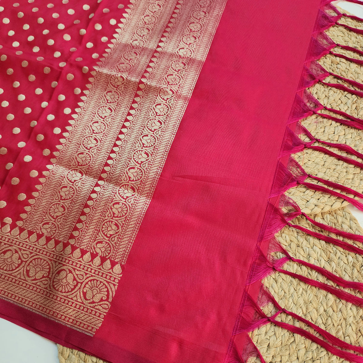 Fuchsia Banarasi Silk Dupatta with Gold Polka Dot