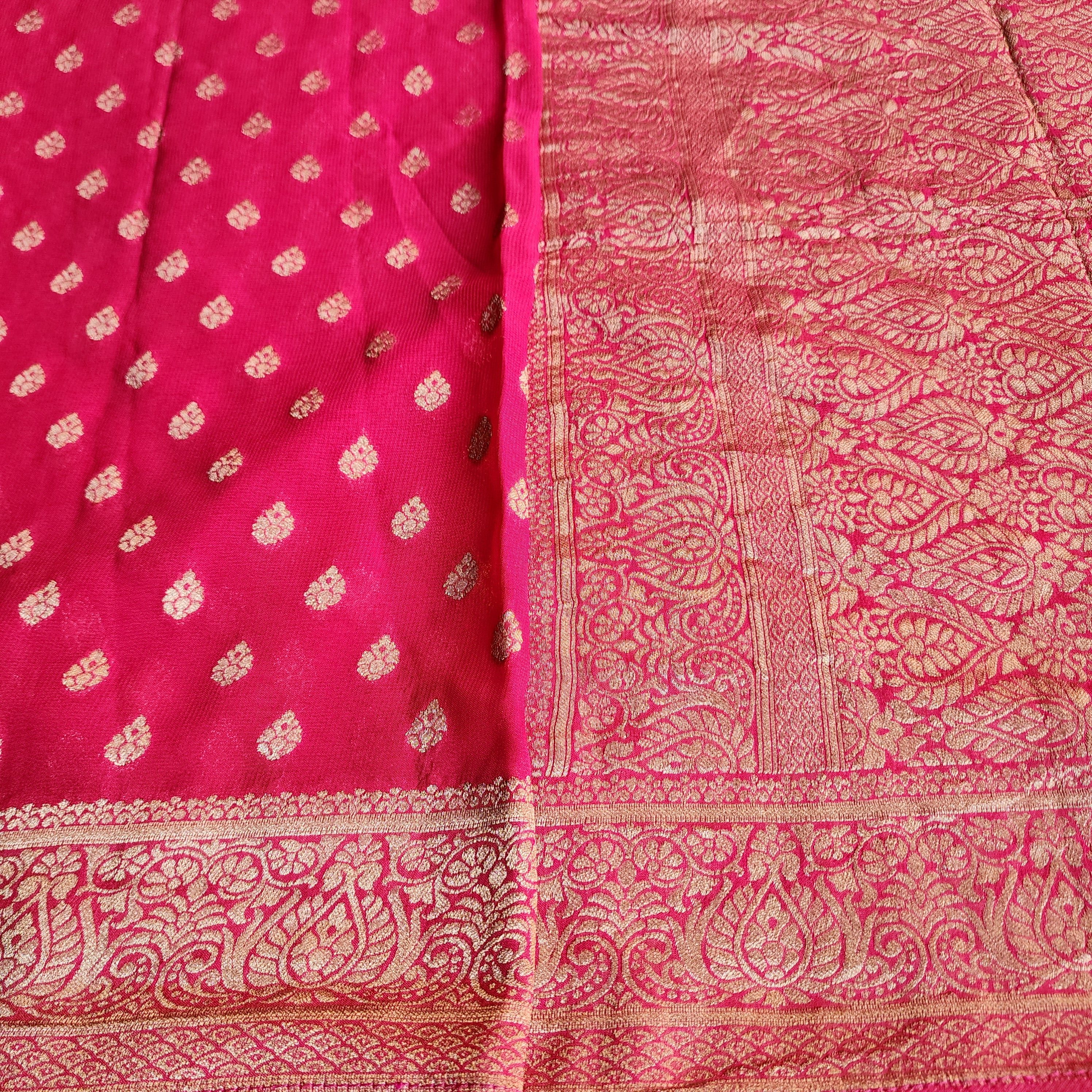 Radish Pink Khaddi Georgette Pure Banarasi Saree with Golden Zari