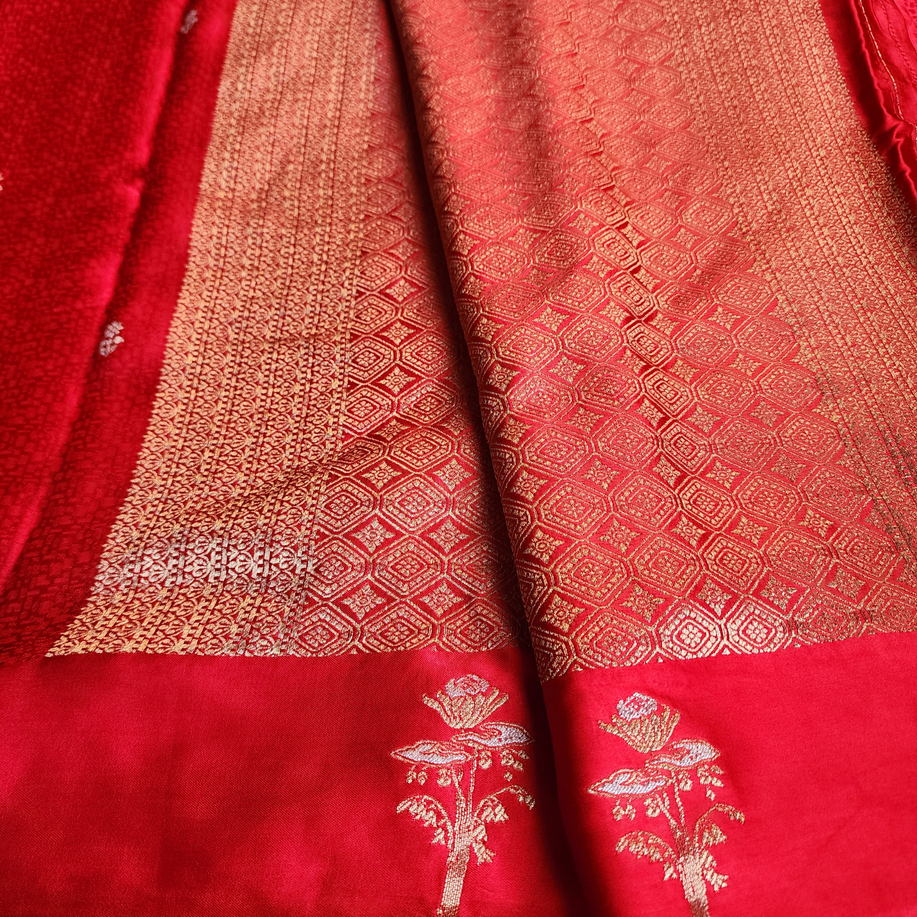 Crimson Red Mashru Tanchoi Saree with Gold Zari