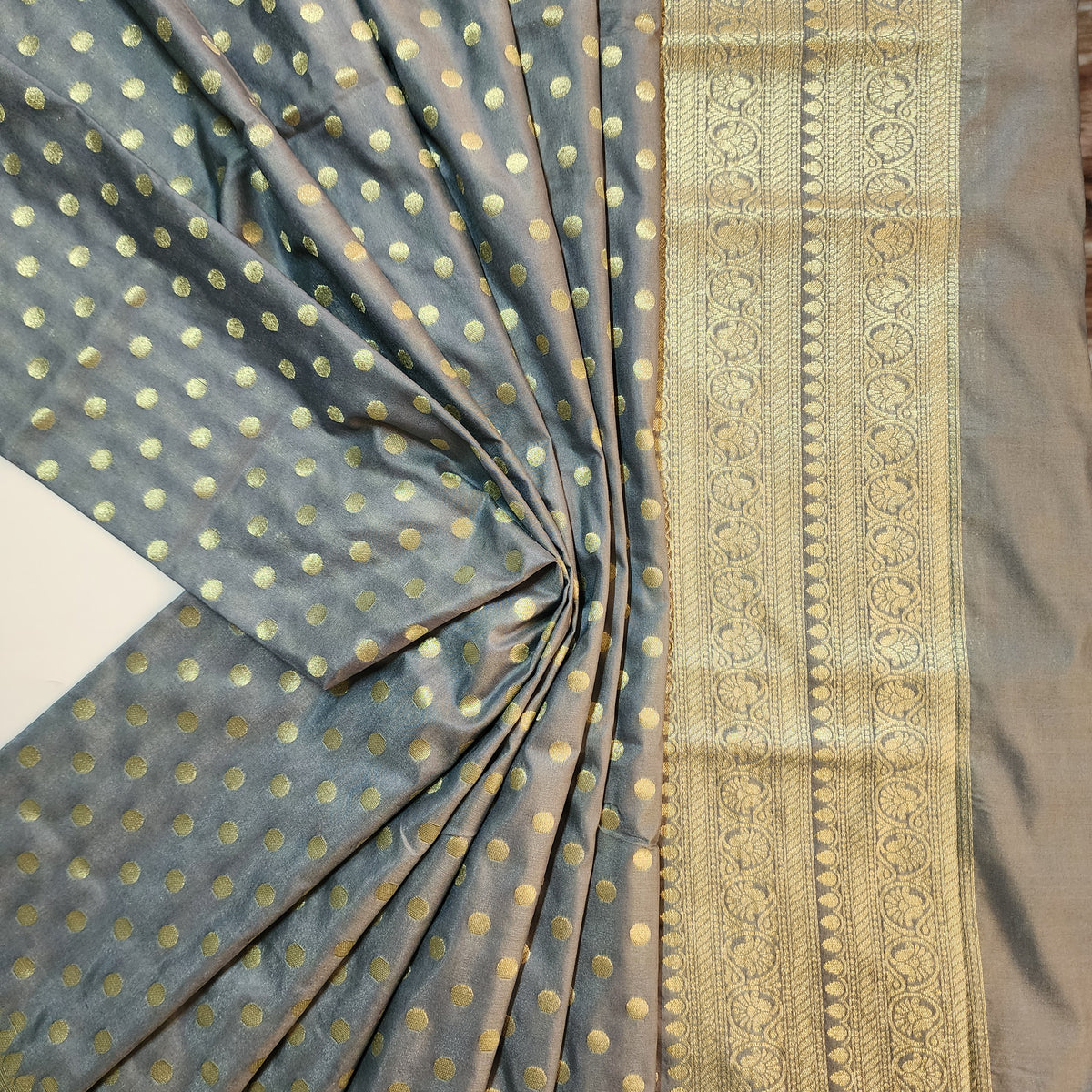 Slate Blue Banarasi Silk Dupatta with Gold Polka Dot