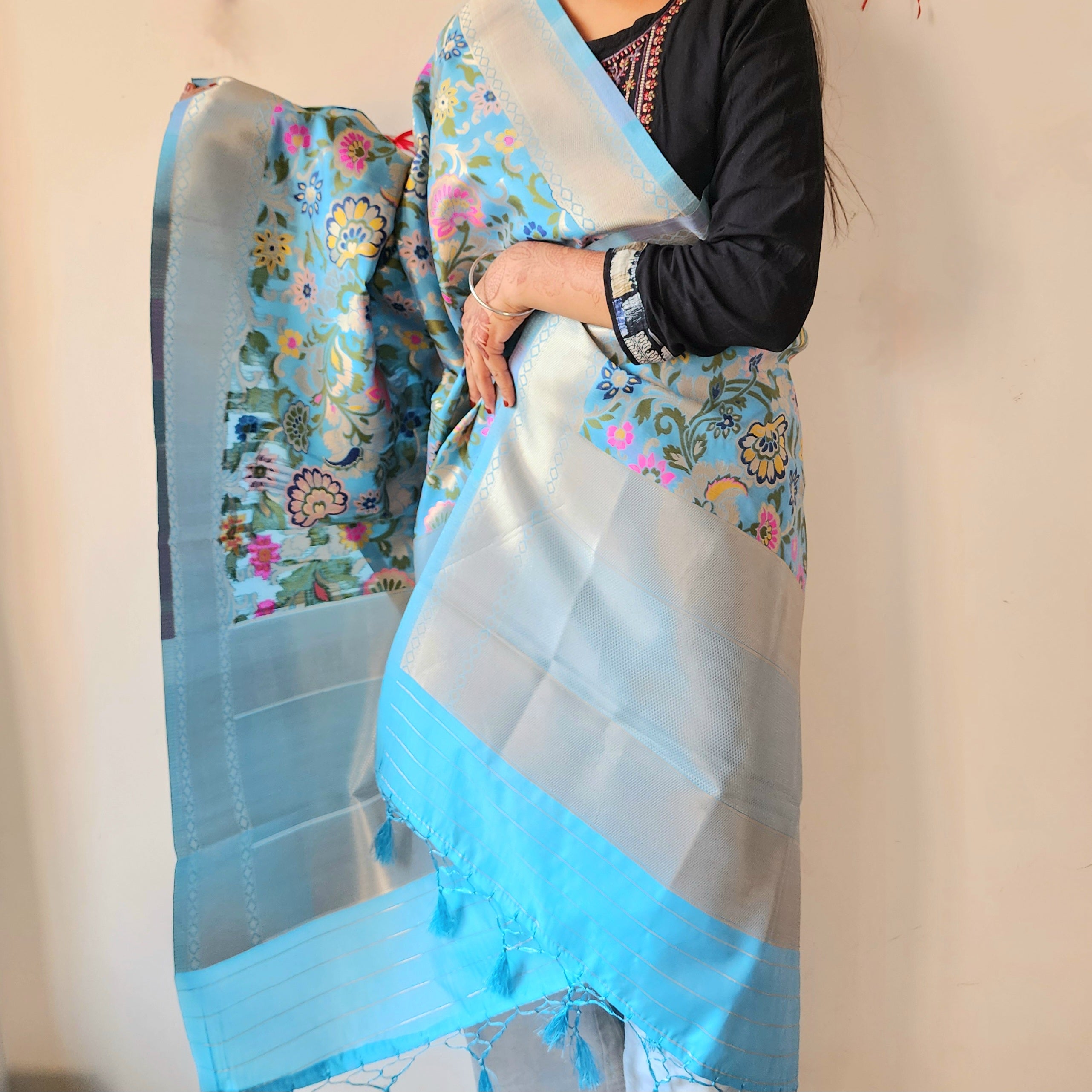 Banarasi Silk Sky Blue Dupatta with Multicolor & Gold Floral Handweaving