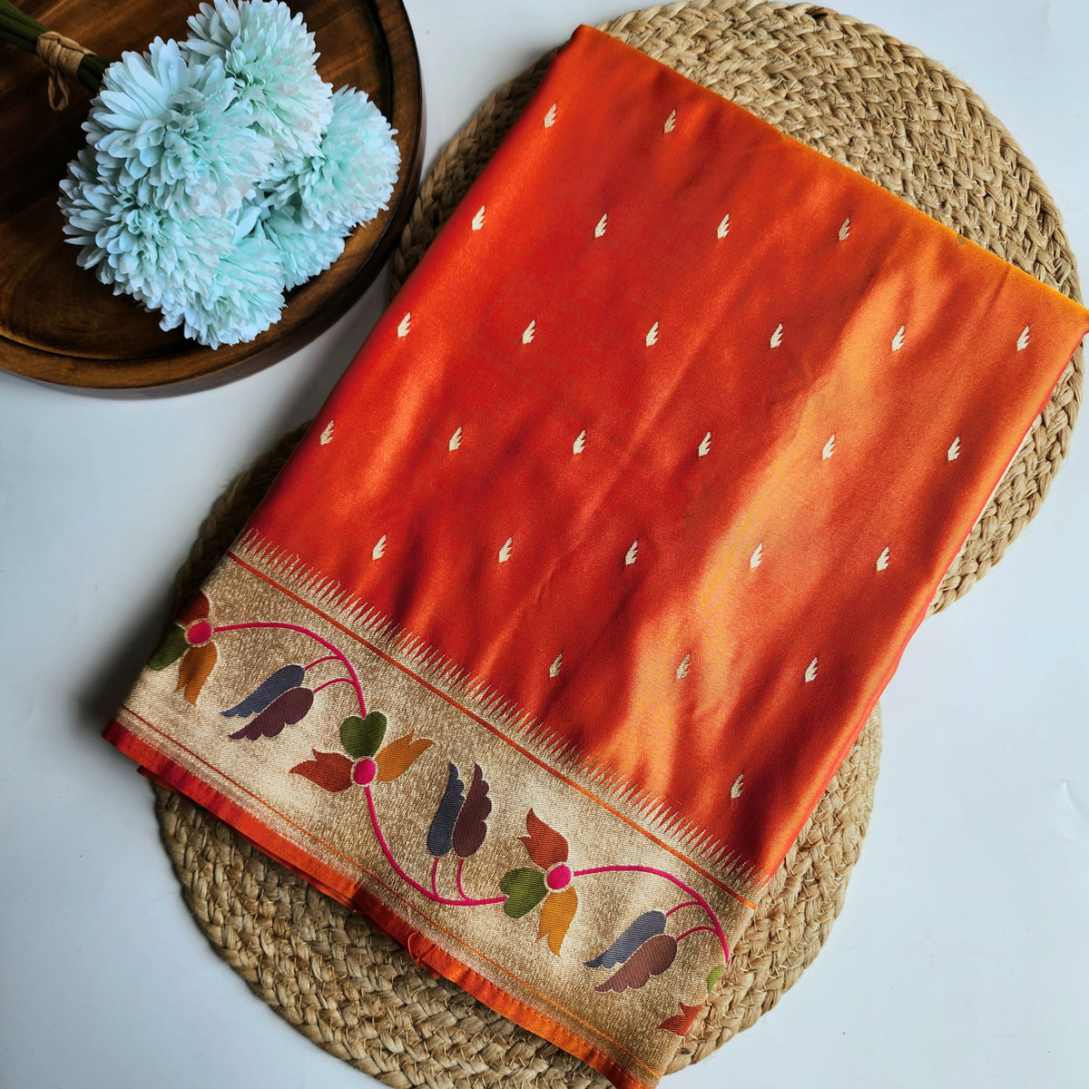 Raahi - Bright Orange Paithani Silk Saree with Stitched Blouse