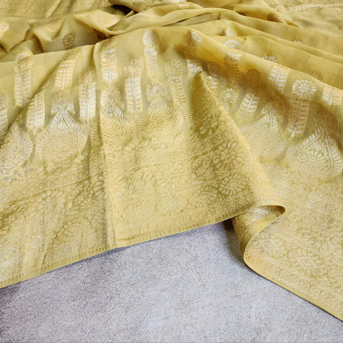 Yellow Khaddi Georgette Pure Banarasi Saree with Gold Zari