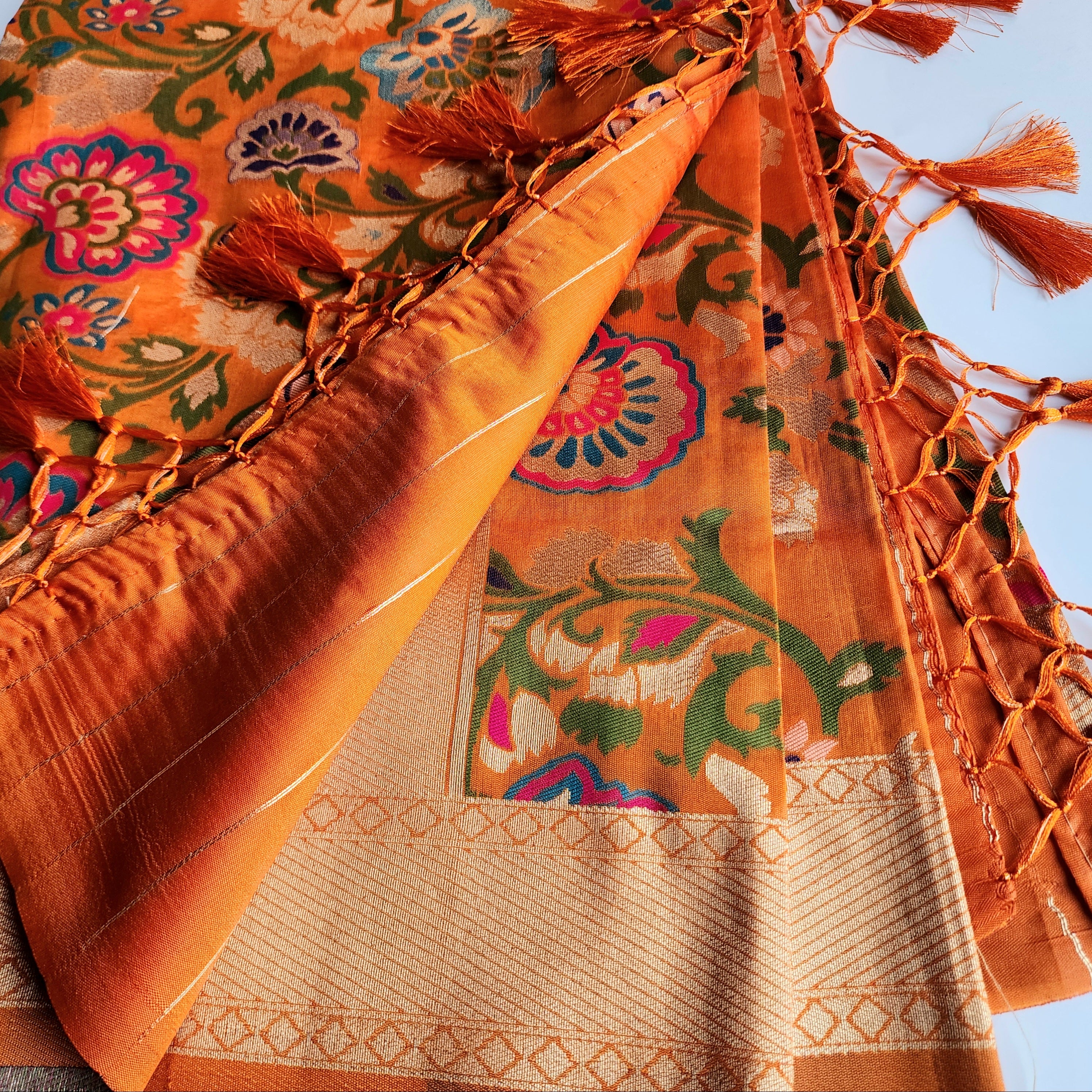 Banarasi Silk Orange Dupatta with Multicolor & Gold Floral Handweaving