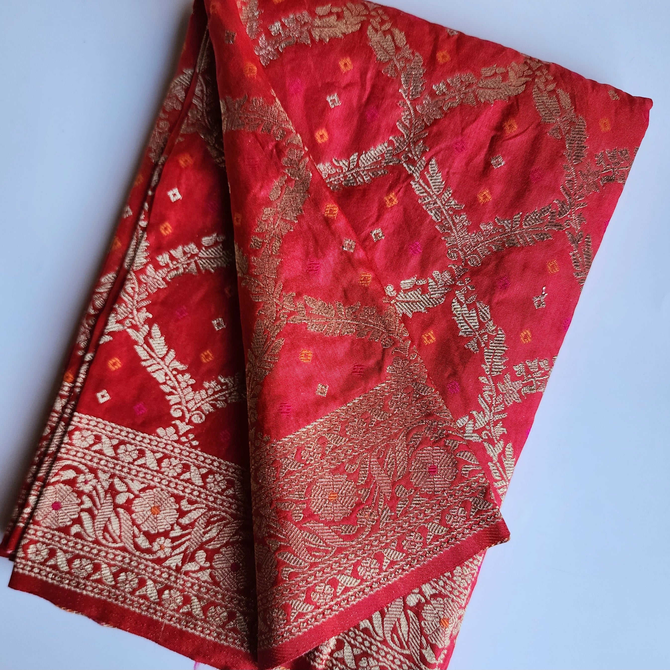Crimson Red Bandhani Dupatta with Traditional Jaal