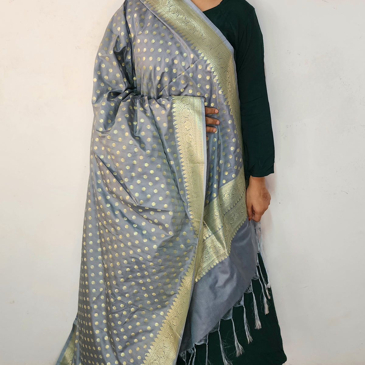 Slate Blue Banarasi Silk Dupatta with Gold Polka Dot