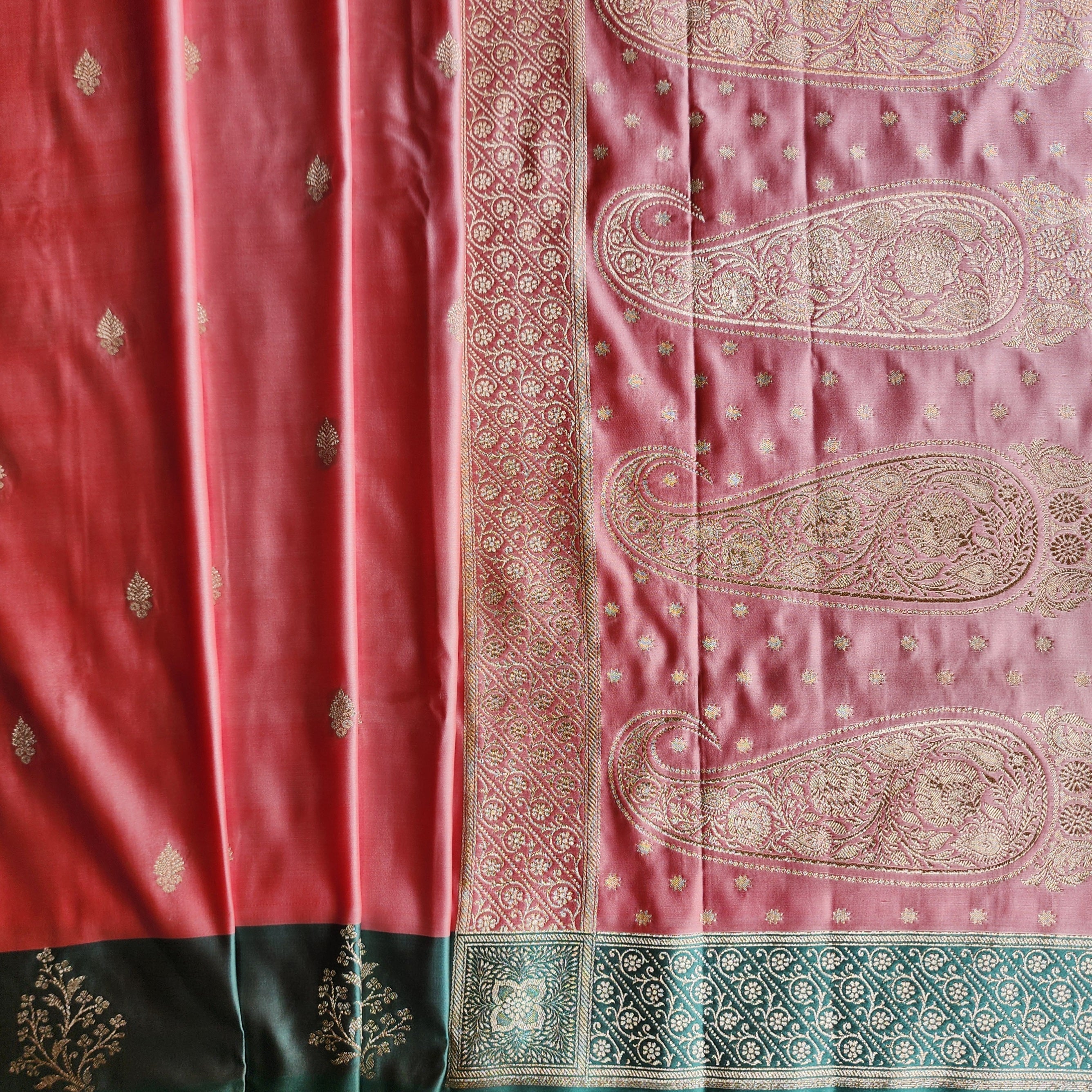 Rose Pink Katan Silk Saree with Teal Blue Gold Zari Border