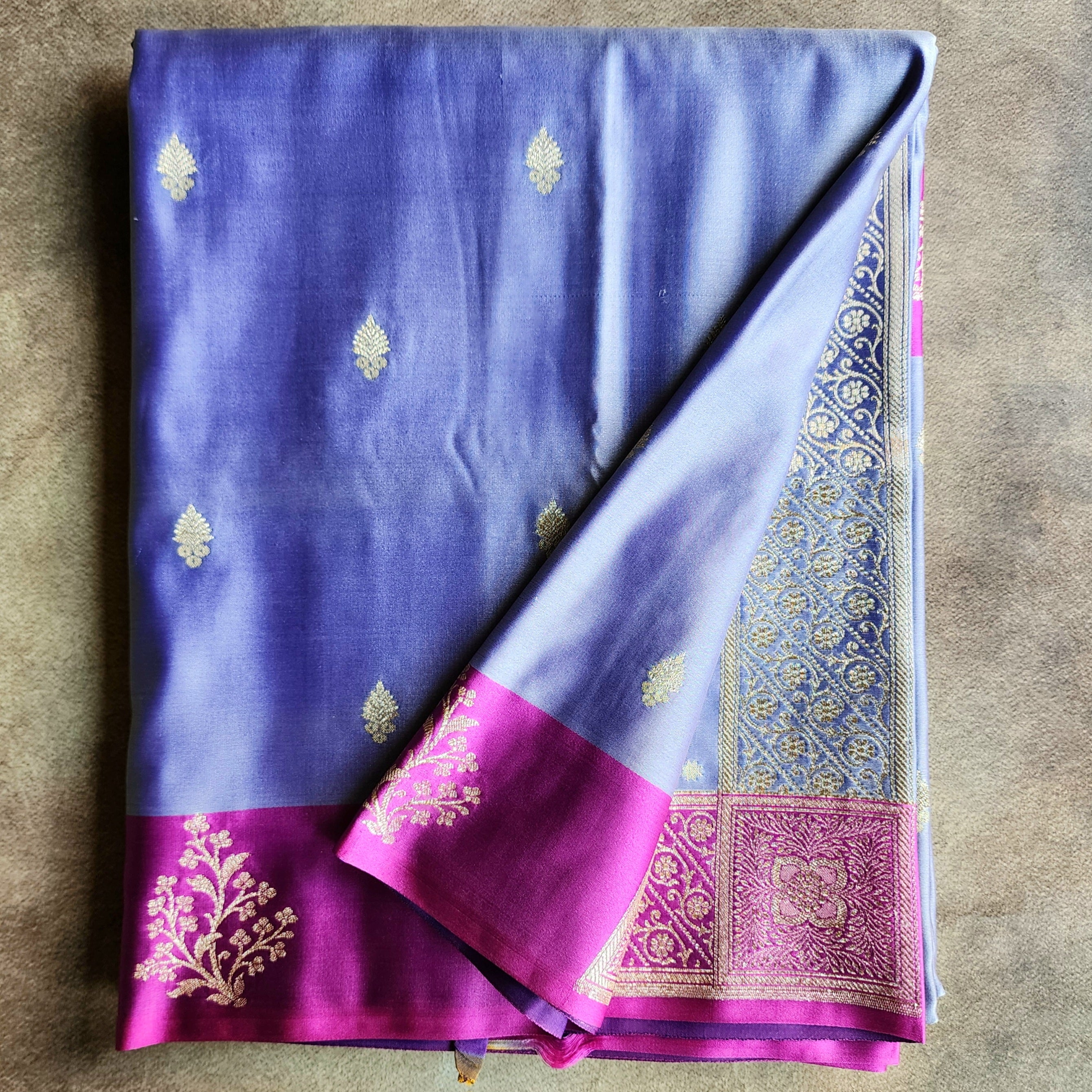 Pastel Purple Katan Silk Saree with Magenta Gold Zari Border