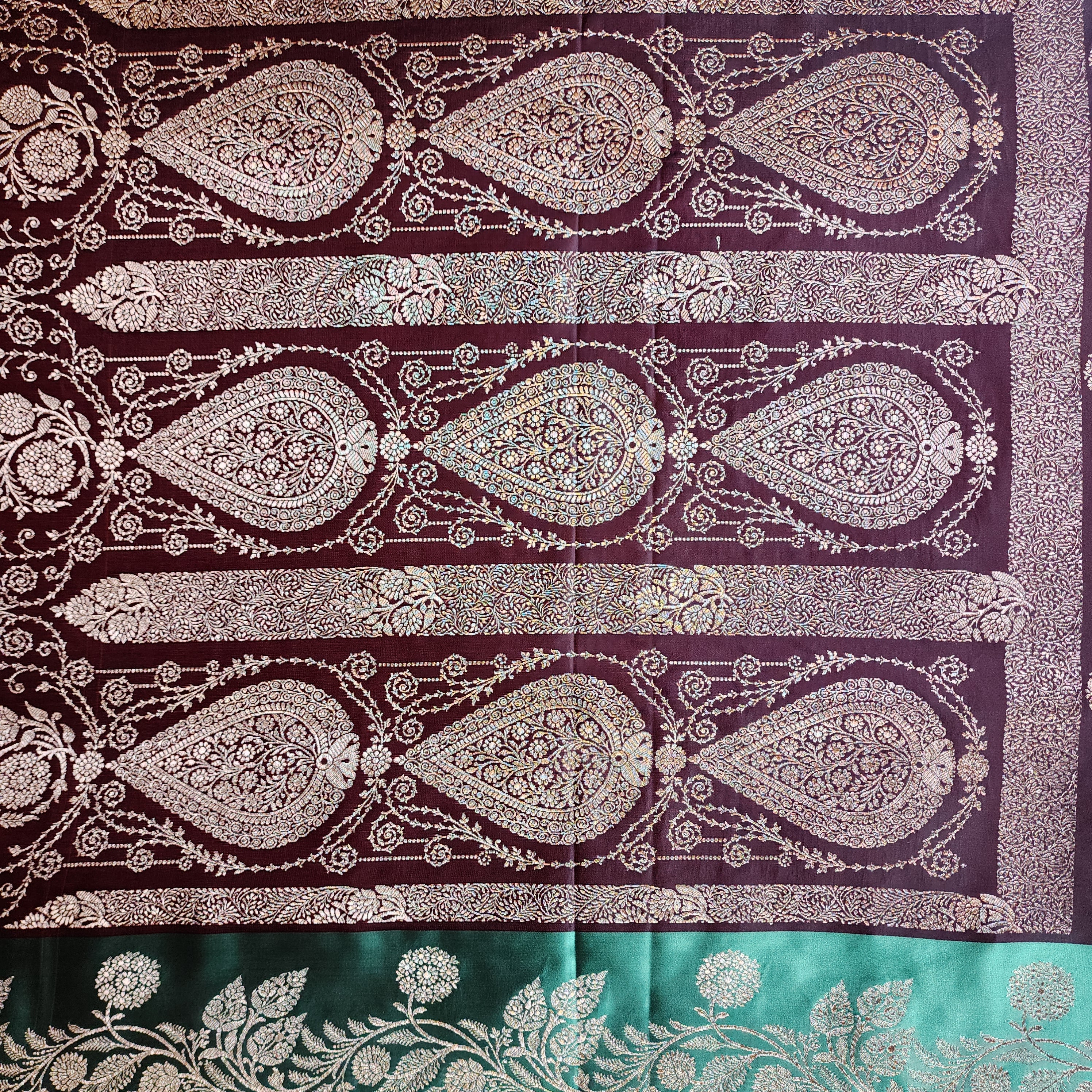 Chocolate Brown Pure Banarasi Katan Silk Saree with Sea Green Border