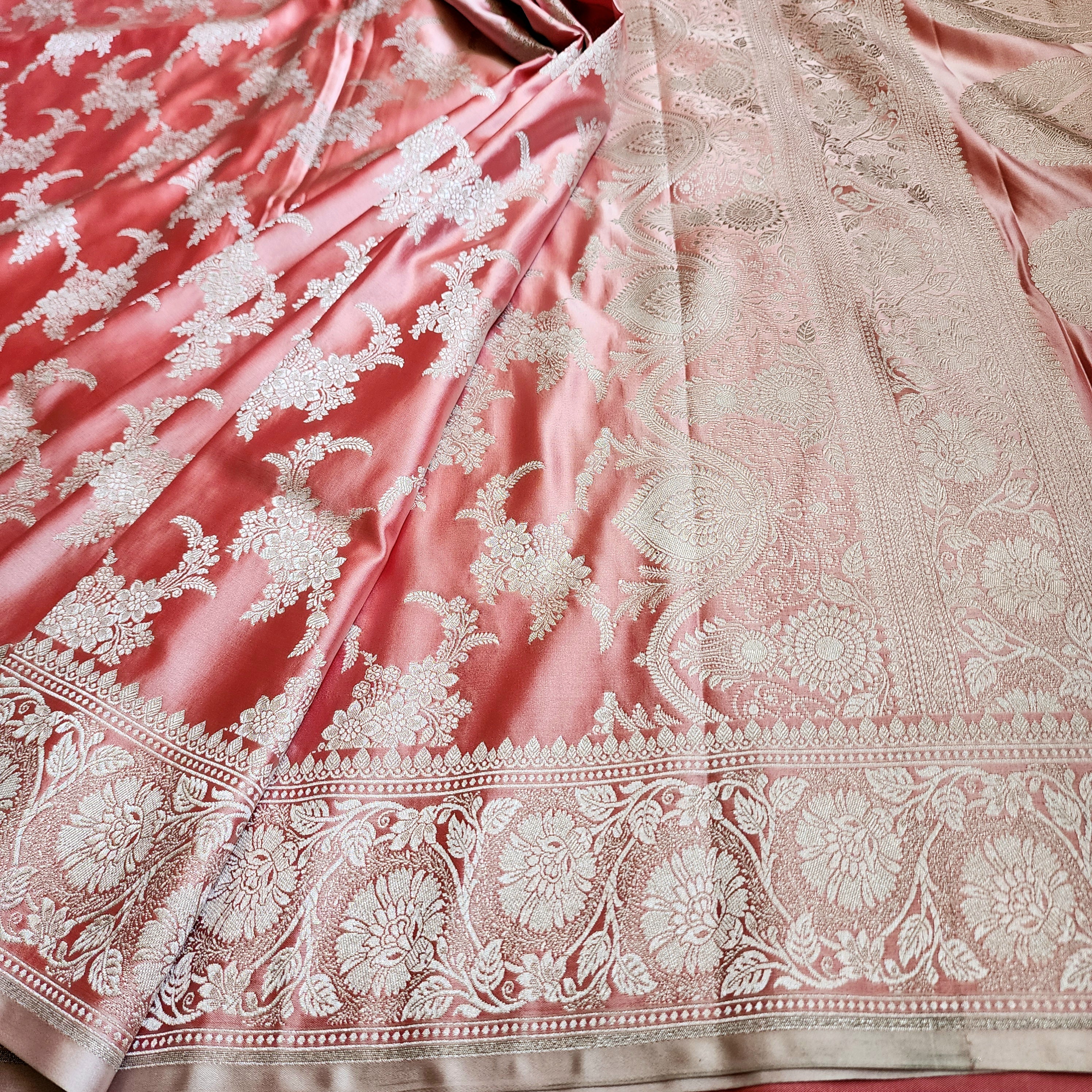 Blush Coral Banarasi Katan Silk Saree with Floral Vine Jaal
