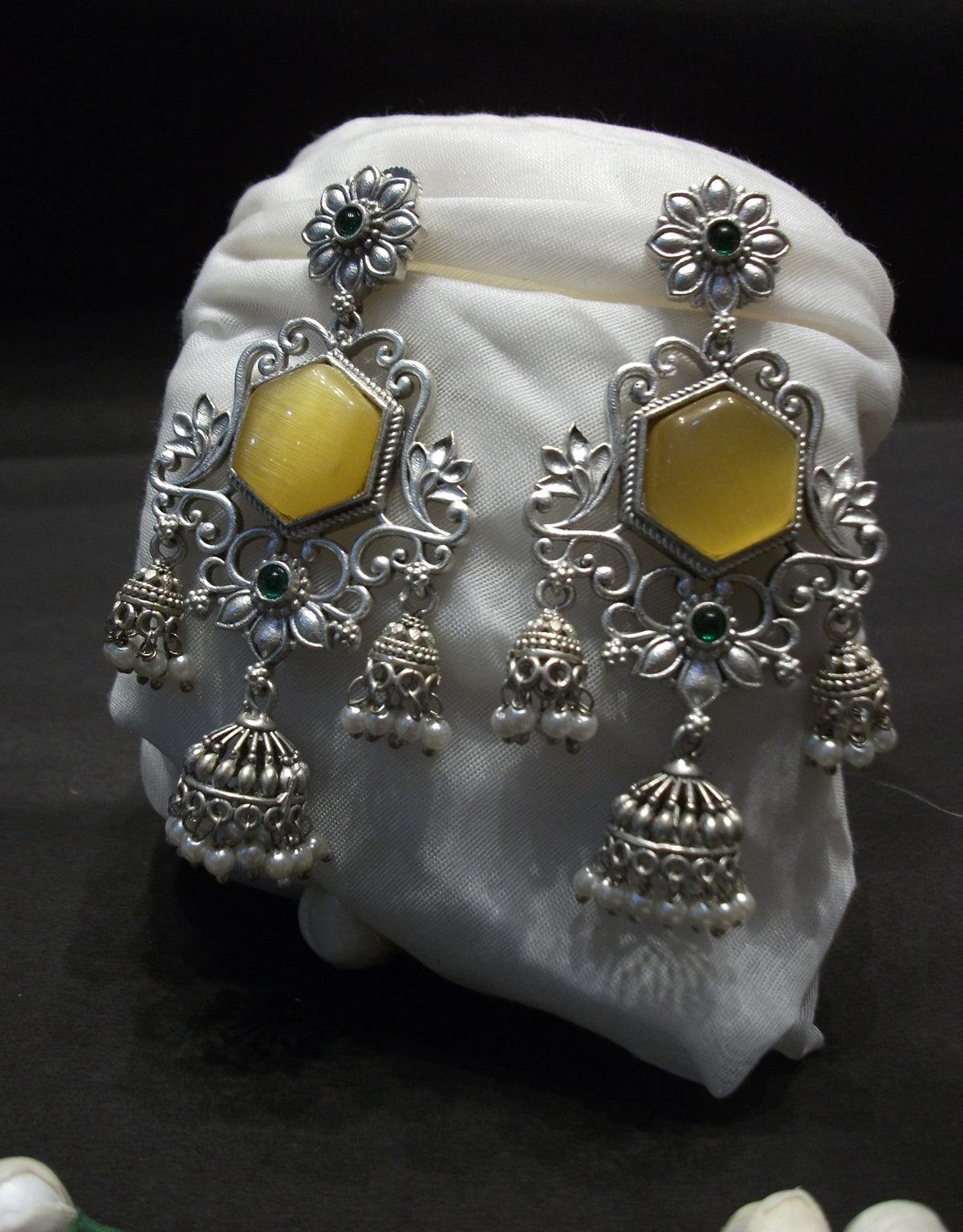 Antique Silver Mustard Yellow Floral Filigree Jhumki Earrings