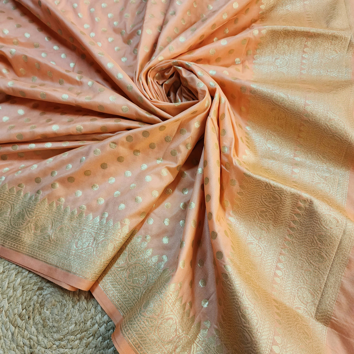 Peach Banarasi Silk Dupatta with Gold Polka Dot