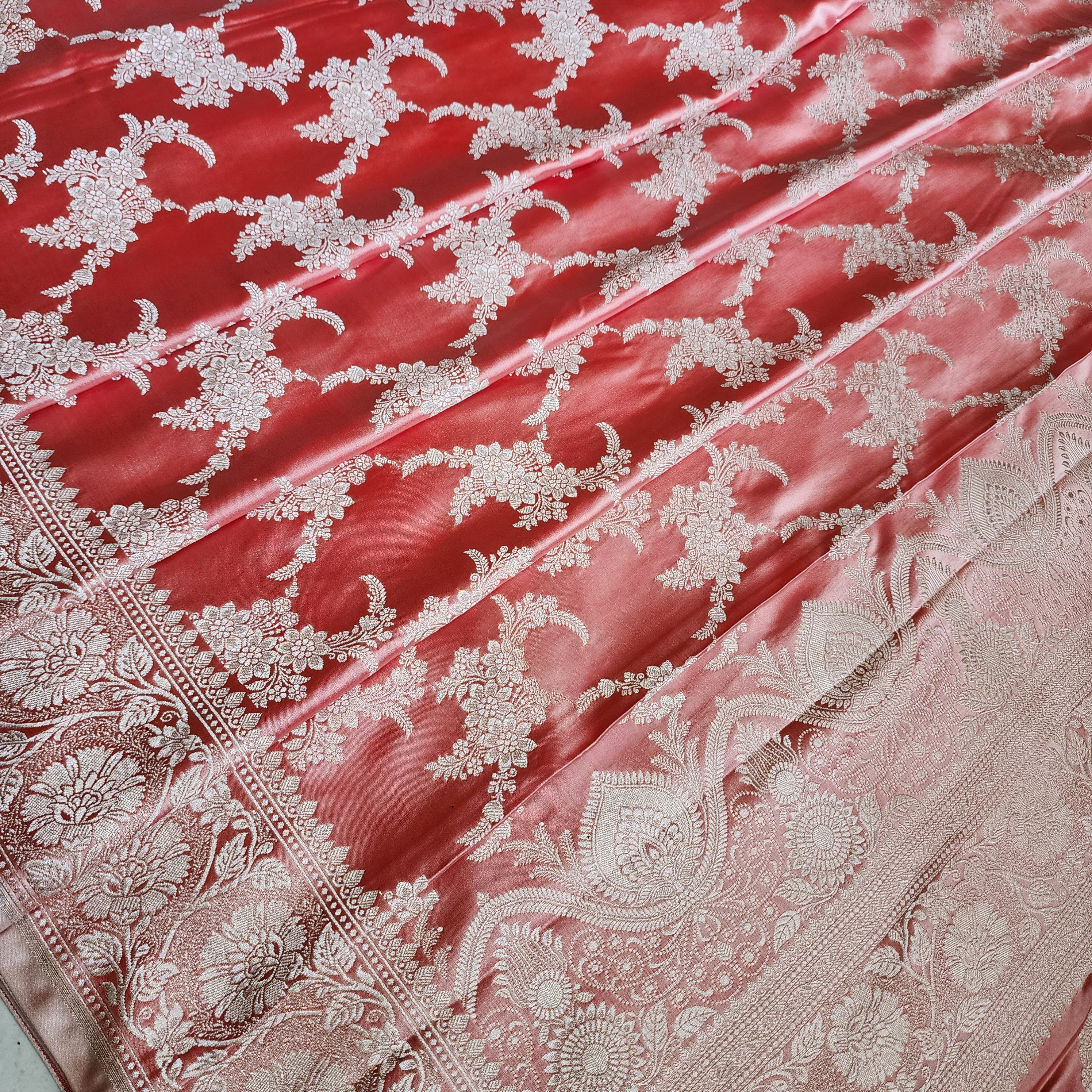 Blush Coral Banarasi Katan Silk Saree with Floral Vine Jaal