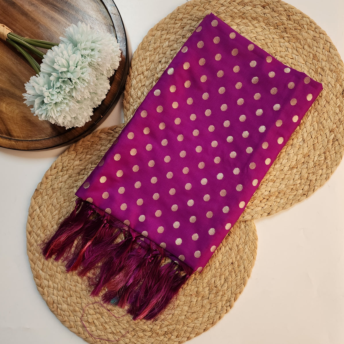 Magenta Purple Banarasi Silk Dupatta with Gold Polka Dot
